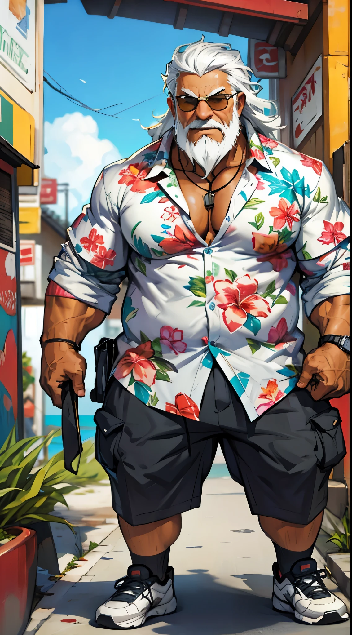 chubby old man in street city, old man, thick arm, huge arm, bearded. white hair and beard, bearded, muscular, pectoral, wide pectoral, beach, palm, realistic, 8k, masterpiece, (wearing shorts and white Hawaiian shirt, shoes)