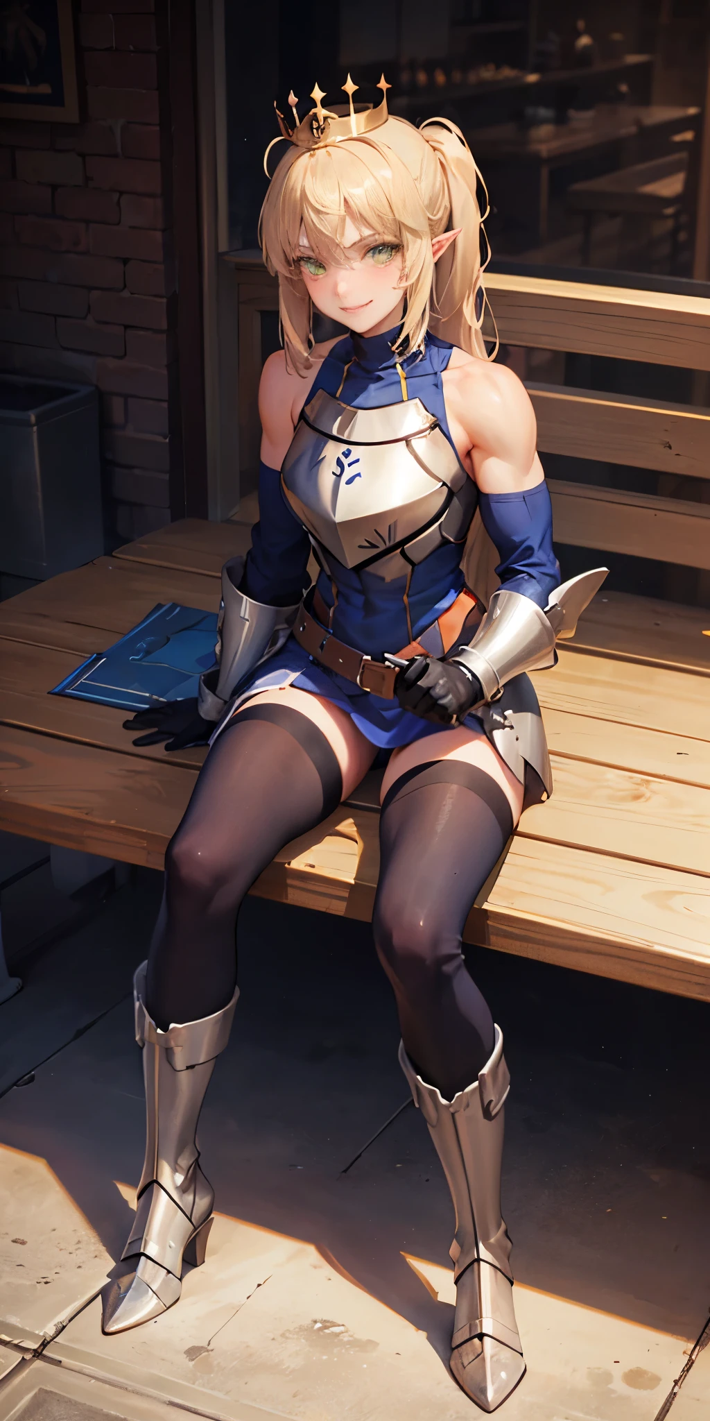 Lancer Artoria, elegant adult female, blonde, green eyes, (yellow eyelashes), crown, turtleneck, full body sitting on a bench showing ass to me, BLUE breastplate, BLUE skin (1girl)(BLUE skin:1.2), looking at viewer, shiny, armor, thigh highs, high boots, pauldrons shoulder armor, faulds, poleyn, gloves, gauntlets, rerebrace armored boots, (masterpiece, best quality, ultra-detailed, best shadow) yordle pointy ears muscular lean platinum blonde long twin-tails hairstyle at the office lustful smirking smile face red blushed, blush, strong abs, female body builder, tiara, twin drills hair