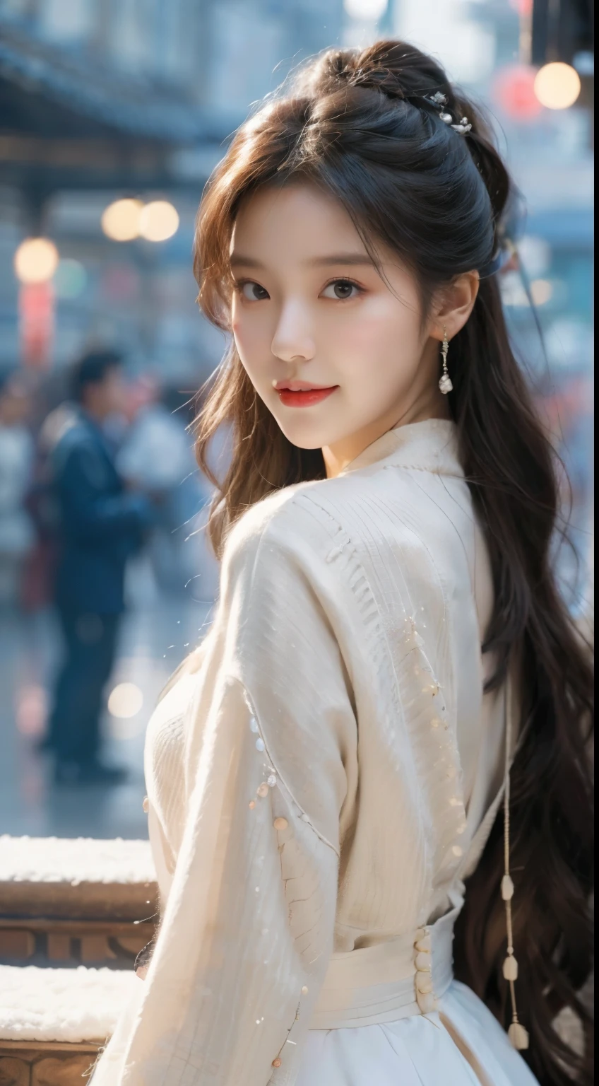(（Best quality，masterpiece，超high resolution）)，（Realistically：1.4），(Korean star poster-like)，1 girl，From head to knees，Dynamic poses，adult Face，Slim，(Smile)，joy，ReFlective eyes，（Shiny skin），（contour，Frontage，），White hair，长White hair，Black eye，Top Fashion，（（white plush coat）），(Gorgeous Lolita costume)，(Short skirt)，（blizzard：1.5，Snowfall，Simple Gup Street），(Clear eyes)，(Clean nose)，(Clear lips)，(White skin)，(Ultra-realistic textile textures)，超HD， masterpiece， high quality， High Detail， Best quality， HD， 16K， 8k， 4K， Awards， rest， 超realism， realism， depth oF Fields， Movie Lighting， The light From the back window is backlighted， symmetry， Bokeh， F / 1.8， Eye level shot， 35 mm， hasul express， an extremely  delicate and beautiFul， Very detailed， amazing， Finedetail， masterpiece， best quality， oFFcial art， absurd， Unbelievably ridiculous， hugeFilesize， Ultra Detailed， high resolution， Very detailed，