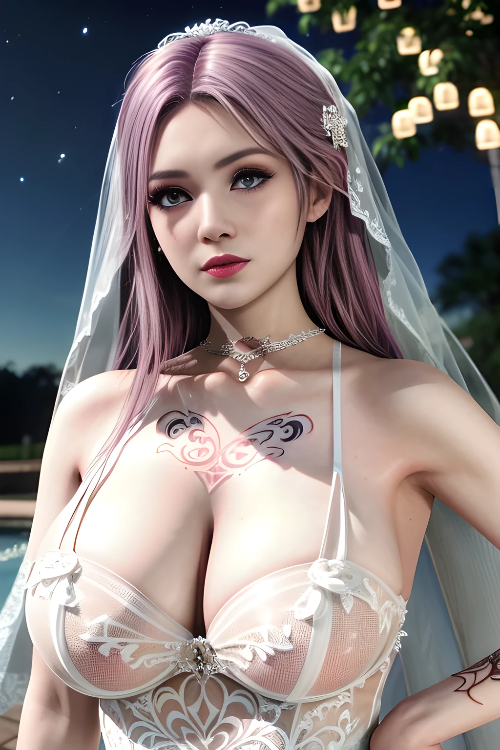 1 girl,lean over WINK,(( Wedding Dress, see-through)), outdoor,elegant,nighttime,moonlighe,shiny skin,( huge breasts:1.1), lip gloss,( tattoos:1.3), masterpiece, best quality, realistic ,Surrealism,natural colors art in 8k,soft shadows,Portrait art,solo, elise,