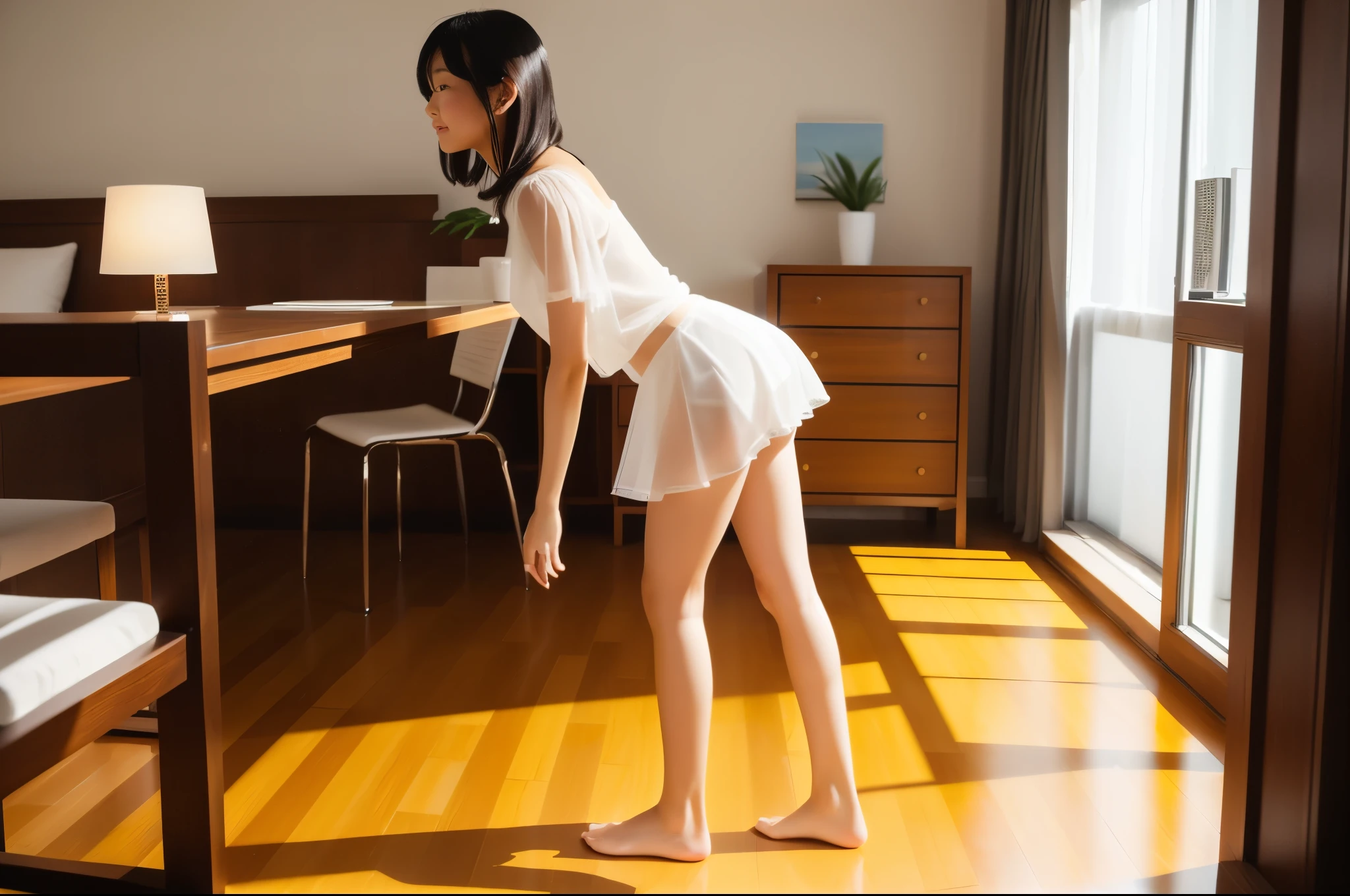((Full body:1.2,Voyeur from the side:1.2,from a distance:1.2)),1 Japanese girl,leaning forward on tiptoe,blushing and embarrassed face,summer casual style,See-through white blouse,See-through white flare skirt,white choker,See-through white Panty,slim body shape,from below,realistic,best quality,ultra-detailed,high resolution,beautiful white skin,looking at another,flooring room