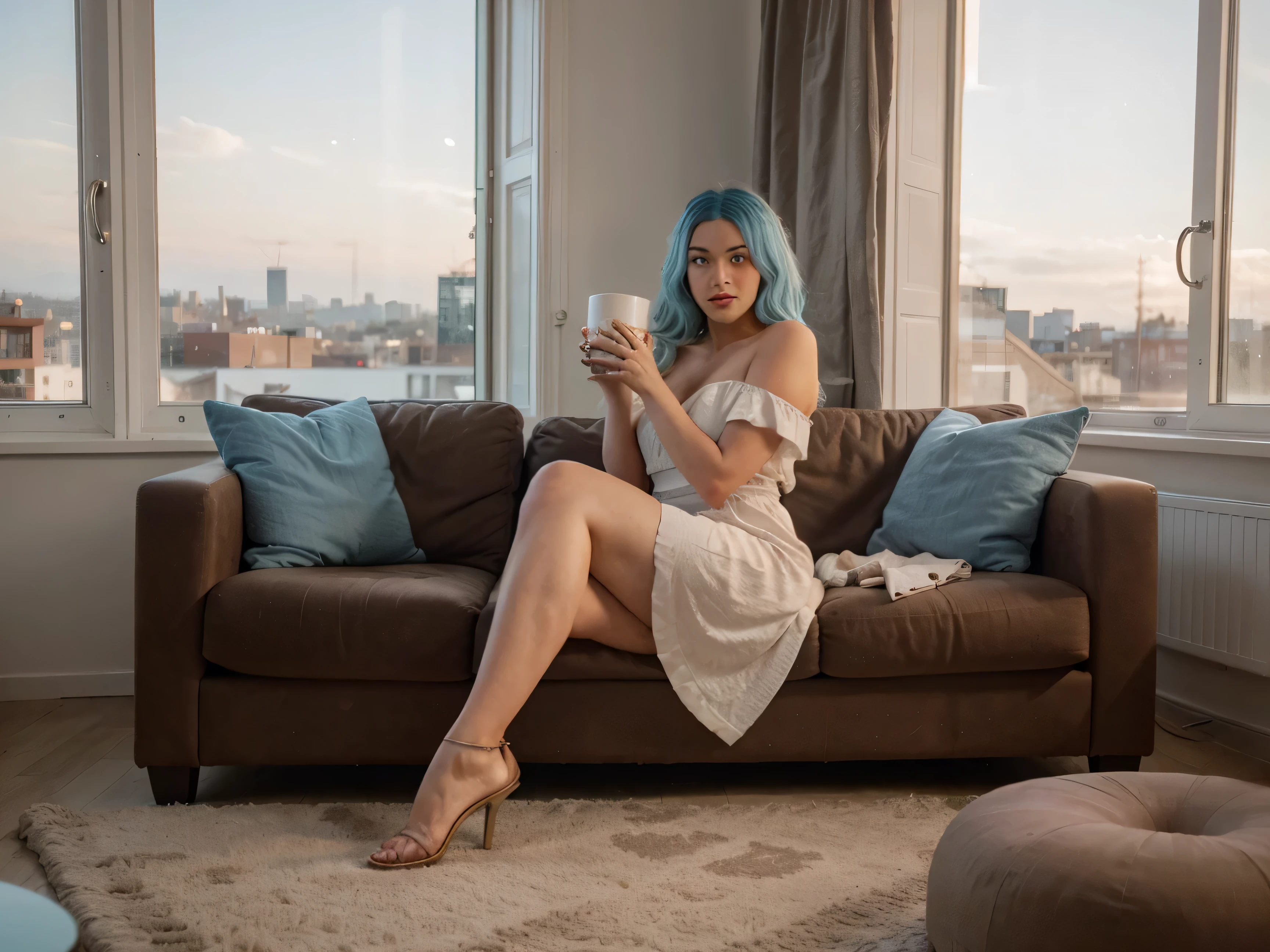 ((mejor calidad)), ((Obra maestra)), (detallado), cara perfecta The image illustrates a young woman with large natural features, seated on a white, curved sofa. Her celestial blue hair, matching the color of the sky, cascades to her shoulders. She's adorned in a terracotta dress that hugs her form and is holding a coffee cup with a lid. Her heels complement her poised, crossed-legs posture. The wooden-floored room boasts potted plants, and the vast window frames a city at sunset, with the backdrop of a sky that fades from pink to blue.