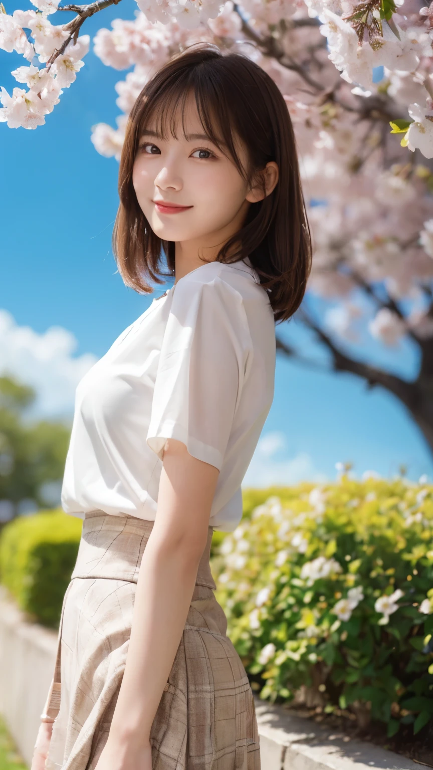 (best quality,masterpiece:1.3,Ultra-high resolution),(Ultra Detailed,Caustic lines,8k),(Reality:1.4,RAW Shooting),1 girl,Standing,(Smile),Staring at the camera,20 years old,Lovely,Japanese,Natural brown medium hair,(White shirt),Lime Green Flared Skirt,Glamorous,(Large target ),(Face focus),Shotgun,Grass,Cherry blossoms,Blue sky,sun,Natural light,Backlight,(lens flare),professional writing,(full-body shot),(Oblique composition:1.3),(low position:1.4),(Low Angle:1.4)