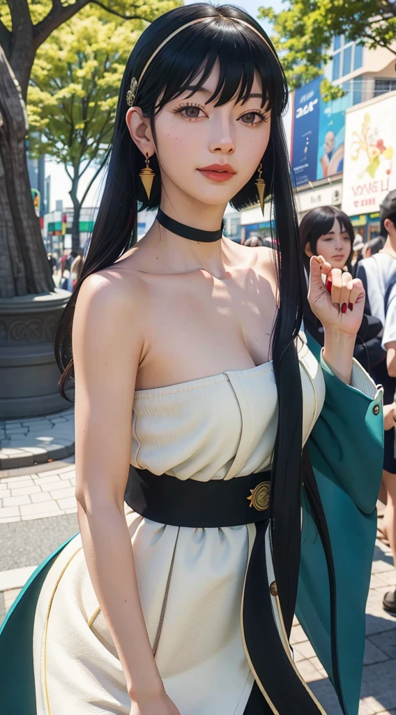yor, Mature female, bangs, side locks, Red eyes, Black hair, hair adornments,sportrait, (face:1.2), girls, ssmile,bare shoulders, Black hair, walking at time square buzz, (Robe:1.21), clavicle, Willow Branch, (masterpiece best quality :1.2),