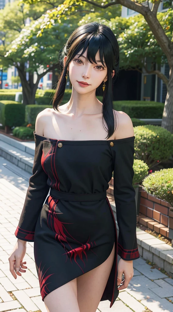 yor, Mature female, bangs, side locks, Red eyes, Black hair, hair adornments,sportrait, (face:1.2), schoolgirls, ssmile,bare shoulders, Black hair, walking at time square buzz, (Robe:1.21), clavicle, Willow Branch, (masterpiece best quality :1.2),