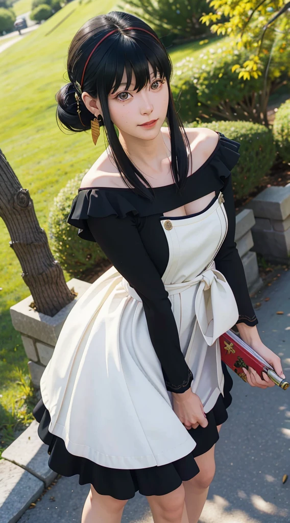 yor, Mature female, bangs, side locks, Red eyes, Black hair, hair adornments,sportrait, (face:1.2), schoolgirls, ssmile,bare shoulders, Black hair, walking at time square buzz, (Robe:1.21), clavicle, Willow Branch, (masterpiece best quality :1.2),