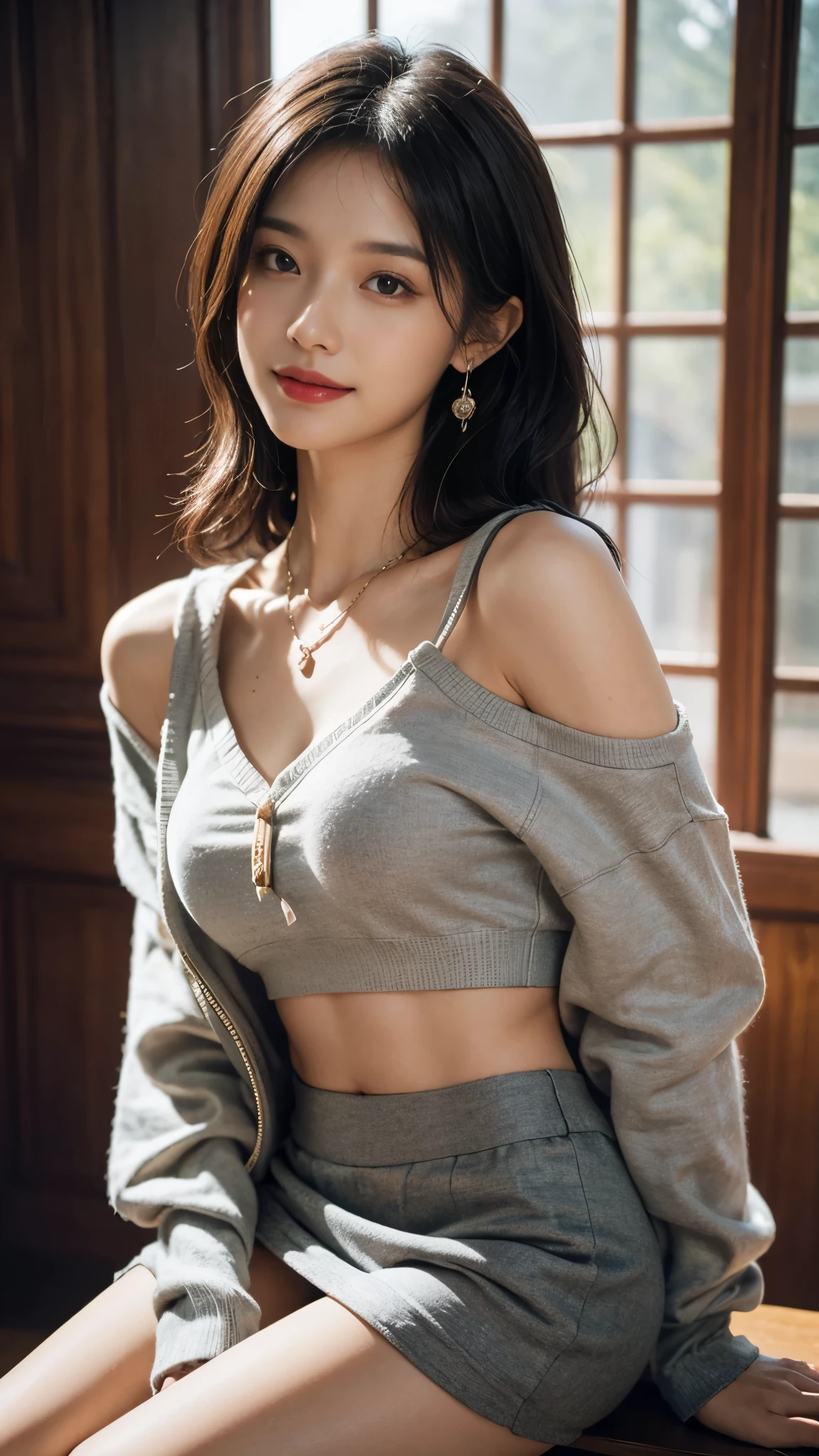 ((8k)),Film Photography, 1 girl, (Hoodies:1.2), (Short skirt), thigh, navel,necklace, earrings, seductive smile, Mid-chest, whole body, Drunk blush:1.5, Black wavy shoulder-length hair, serene, calm, (Realistic and detailed eyes, Natural skin texture, Realistic facial details), Soft dramatic lighting, Depth of Field, Bokeh, Vivid details, Meticulous attention to detail, Surrealism