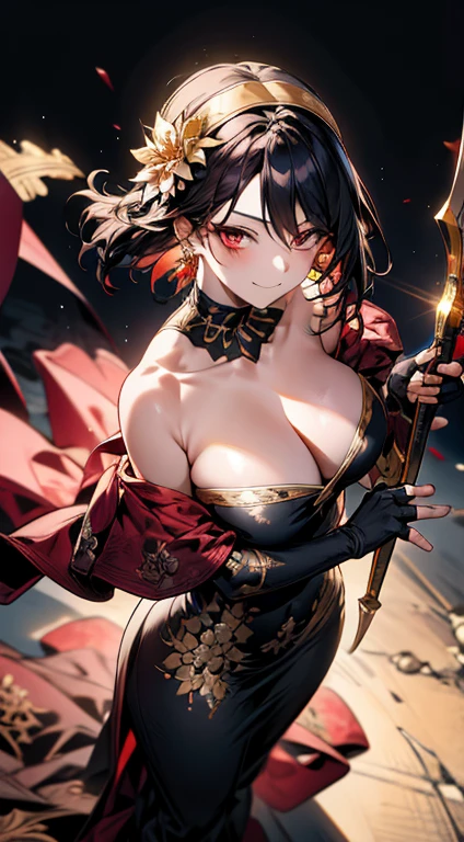 yor briar, anime style beutiful woman, 1girl,full body, happy, smile, red face, closed mouth, beautiful detailed eyes, super detailed skin, backlighting, bare shoulders, black background, black dress, black gloves, black hair, breasts, dress, earrings, fingerless gloves, floating hair, floral print, flower, gloves, gold earrings, gold hairband, hair flower, hair ornament, hairband, holding, holding weapon, jewelry, large breasts, long hair, looking at viewer, off-shoulder dress, off shoulder,red eyes, short hair with long locks, sidelocks, solo, spikes, thighs, two-sided dress, two-sided fabric, weapon, fighting stance , face, close up, from above, highest quality, high resolution.