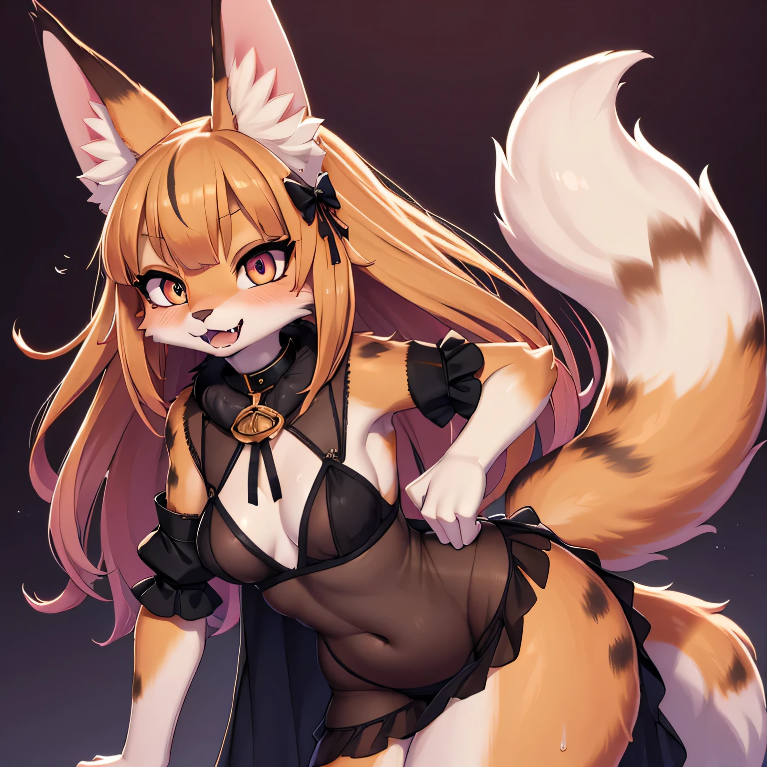 (feral) ,fox, masterpiece, best quality holo is a wolf girl,tail, furry art!!!, thick thighs, expressive eyes, (fur skin), wolf ears, messy hair, furry, stocking, erotic, sweaty, girly, bushy pubes, beautiful and detailed ,Serval, fox , (slim, fit), fangs, neck fur tuft, seductively dynamic pose, cute, young, collar, china dress, Mesh Skirt See Through Long Sheer Gown Open Crotch Dress Sexy Lingerie