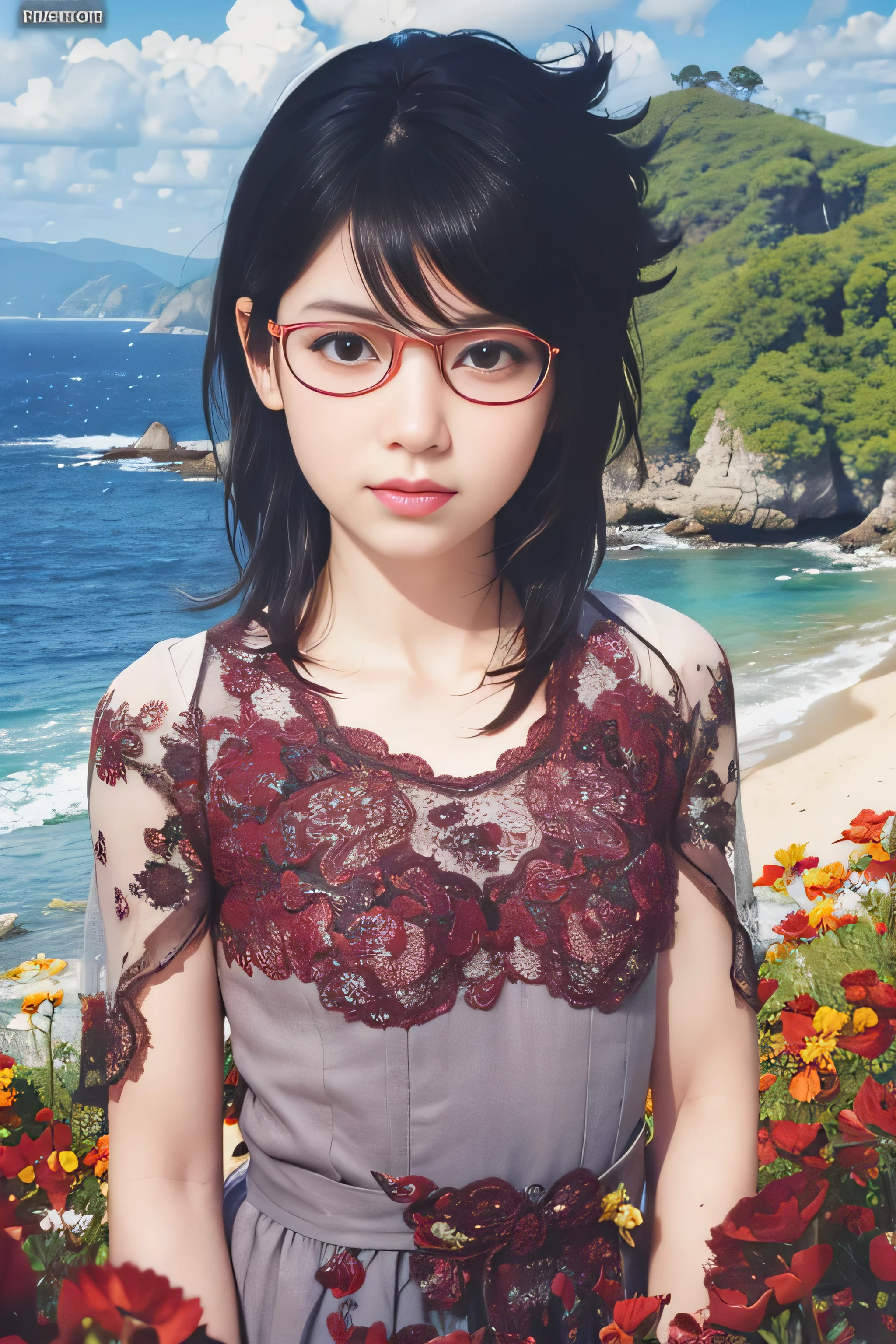 masterpiece, best quality, (realistic,photo-realistic:1.4), (RAW photo:1.2), extremely detailed CG unity 8k wallpaper, delicate and beautiful, amazing,finely detail, official art, absurdres, incredibly absurdres, huge filesize, ultra-detailed,extremely detailed eyes and face,light on face,sarada,(little smile),(black hair:1.4),(messy hair:1.4),(wearing red framed glasses:1.4),(small breast:1.3),(wearing hot dress :1.4),beach,flowers