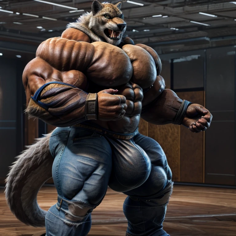 solo, male, wolf , scales, detailed face, detailed eyes, hyper muscles, hyper pecs, thick thighs, standing, plain background,jeans，indoor，shirt，（Huge bulge：1.3）king_tekken