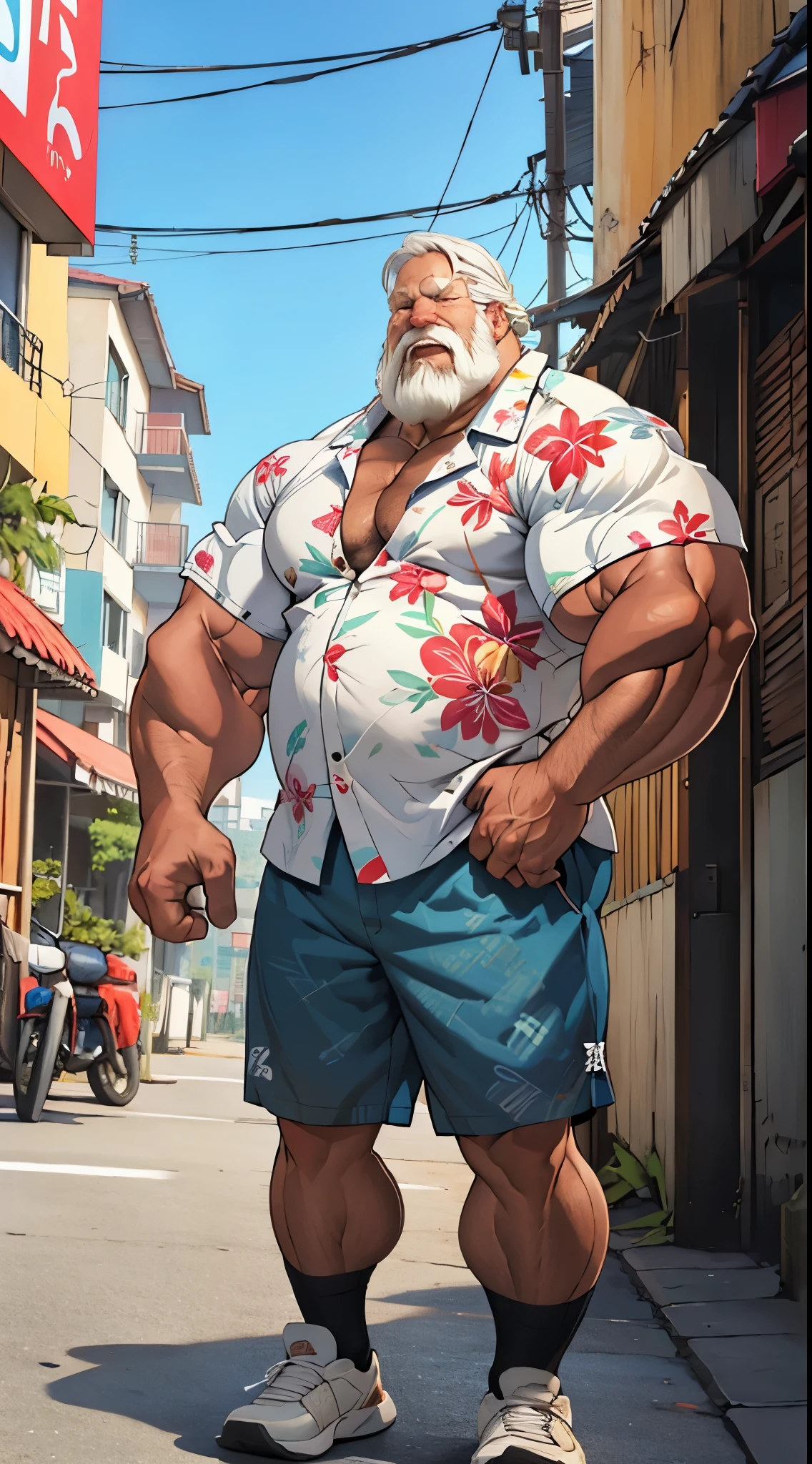 chubby old man in street city, old man, thick arm, huge arm, bearded. white hair and beard, bearded, muscular, pectoral, wide pectoral, beach, palm, realistic, 8k, masterpiece, (wearing shorts and white Hawaiian shirt, shoes)