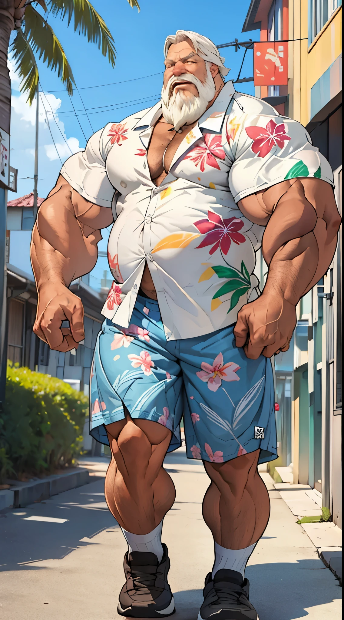 chubby old man in street city, old man, thick arm, huge arm, bearded. white hair and beard, bearded, muscular, pectoral, wide pectoral, beach, palm, realistic, 8k, masterpiece, (wearing shorts and white Hawaiian shirt, shoes)