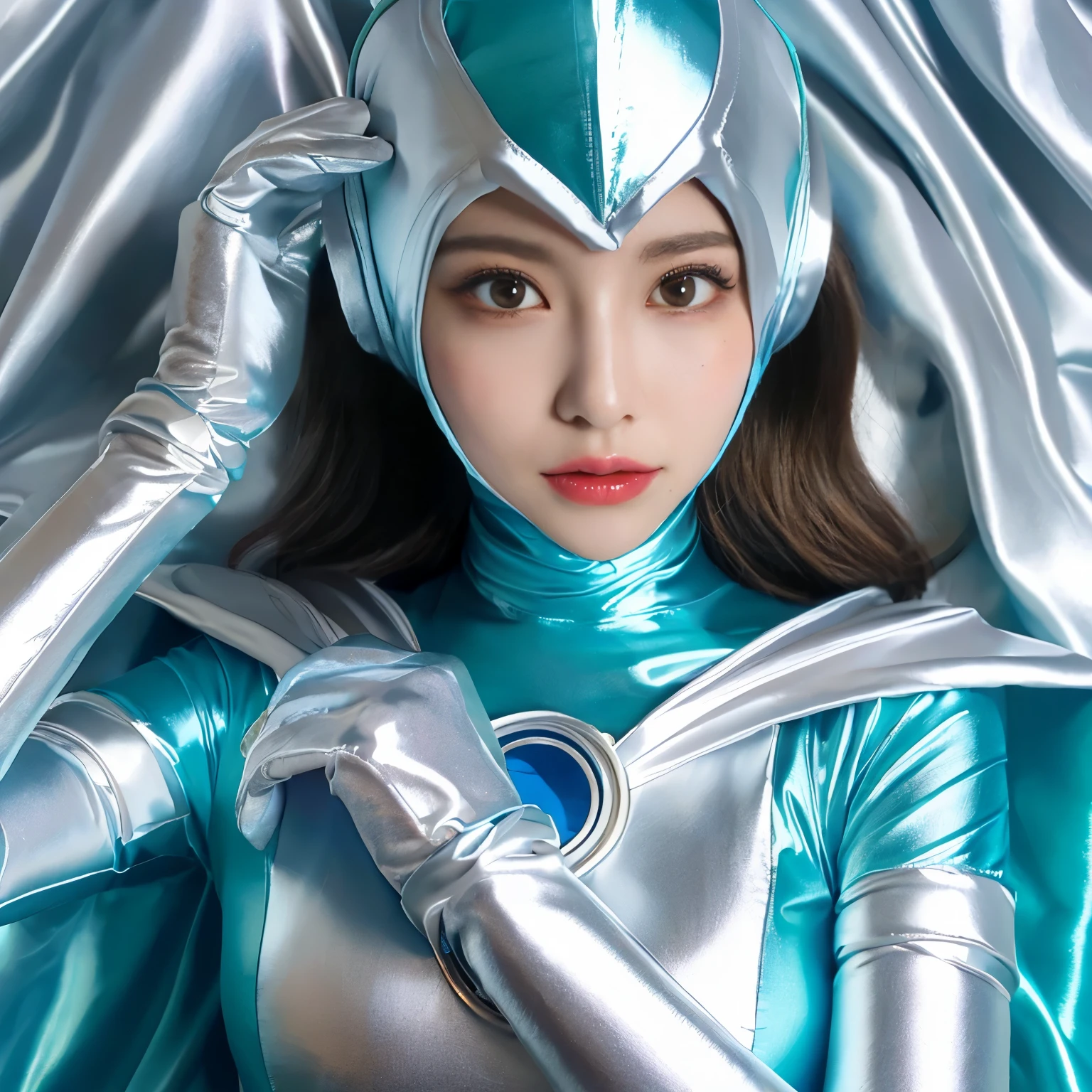 best image quality、Super high resolution、(realism:1.4)、Korean beauty star、The most beautiful KPOP star、horny face、Horny Korean makeup、erotic expression、A body that makes you want to touch it、erotic photos、((Realistic shiny satin fabric texture、High-gloss stretch satin fabric that is smooth and smooth to the touch.、The drape of the curved part of the shiny satin fabric、strong shiny costume、The smooth and beautiful quality and luster of the costumes、A shiny costume made of high-quality satin fabric with high density.、Smooth to the touch oil light liang ice 縝绸 ultra-class battleship skin coat COS、Super Sentai Women&#39;s Heroine Suit、Texture of costumes that satin fetishists respond to、Thin, glossy stretch satin fabric)),8K photo quality
