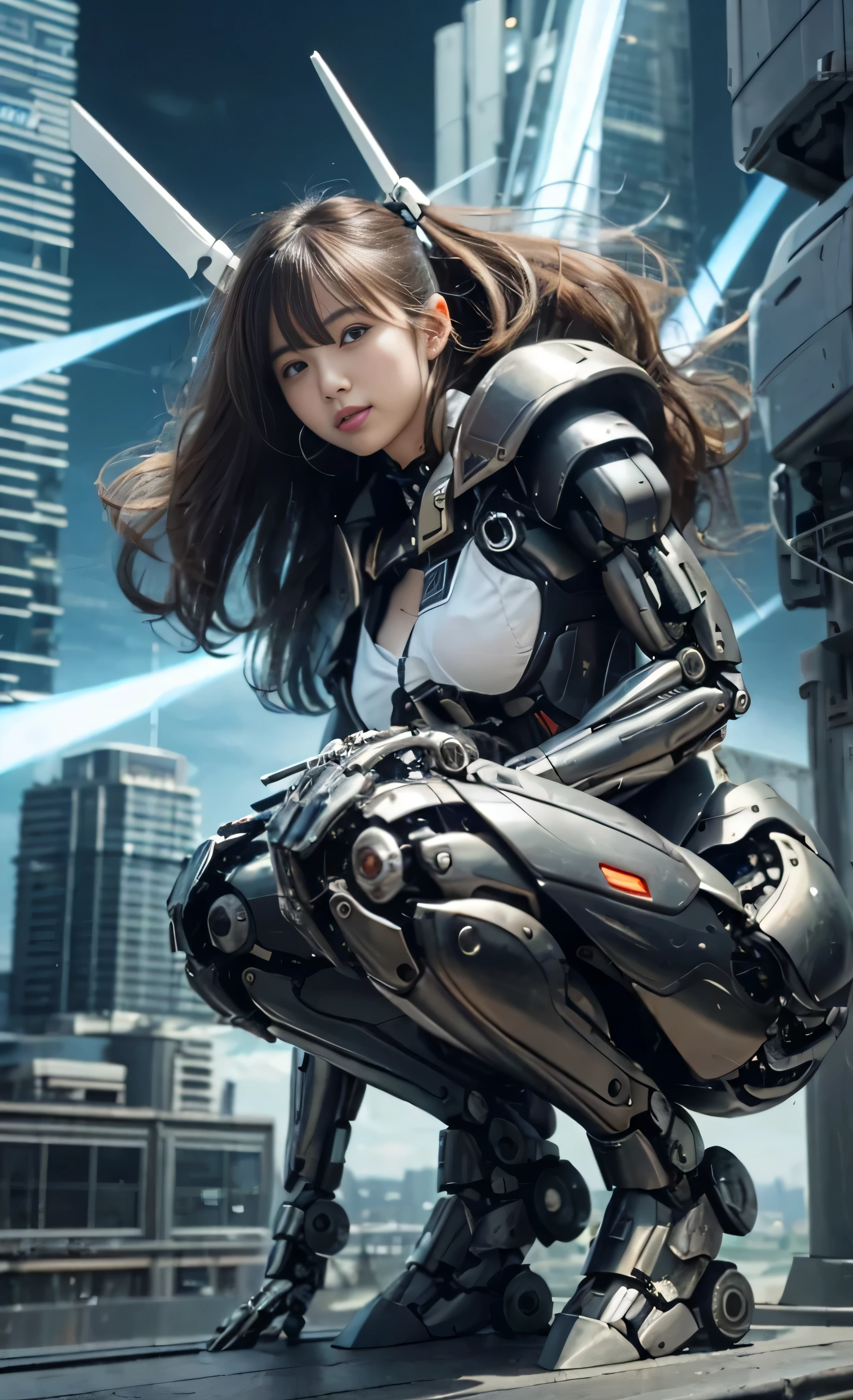 (((RAW Image Quality:1.4))), ((A giant mechanical woman, much bigger than a skyscraper:1.4)), 14 years old, Rough skin, Very detailed, Advanced Details, high quality, 最high quality, High resolution, 1080p, hard disk, beautiful,(Gundam:1.4),beautiful almost,She is wearing futuristic shiny white mechanical parts,Mechanical joint, Mechanical Arm, Mechanical legs below the knees, Mechanical parts that protect the top of the breasts, Cleavage, Mechanically protected groin, Excluding bust top and inseam, Bare skin is exposed., Nearly naked, Perfect Proportions, (Brown hair fluttering in the wind), beautiful blue eyes, full body shot, very small metropolis。Crouched down in a miniature city just a few feet high, Stomping City,Crush City,Small Town,Micro City, Small cars and trains, Deep blue sky, Metal pants digging into the crotch, Angle looking up from below, Biologically correct,