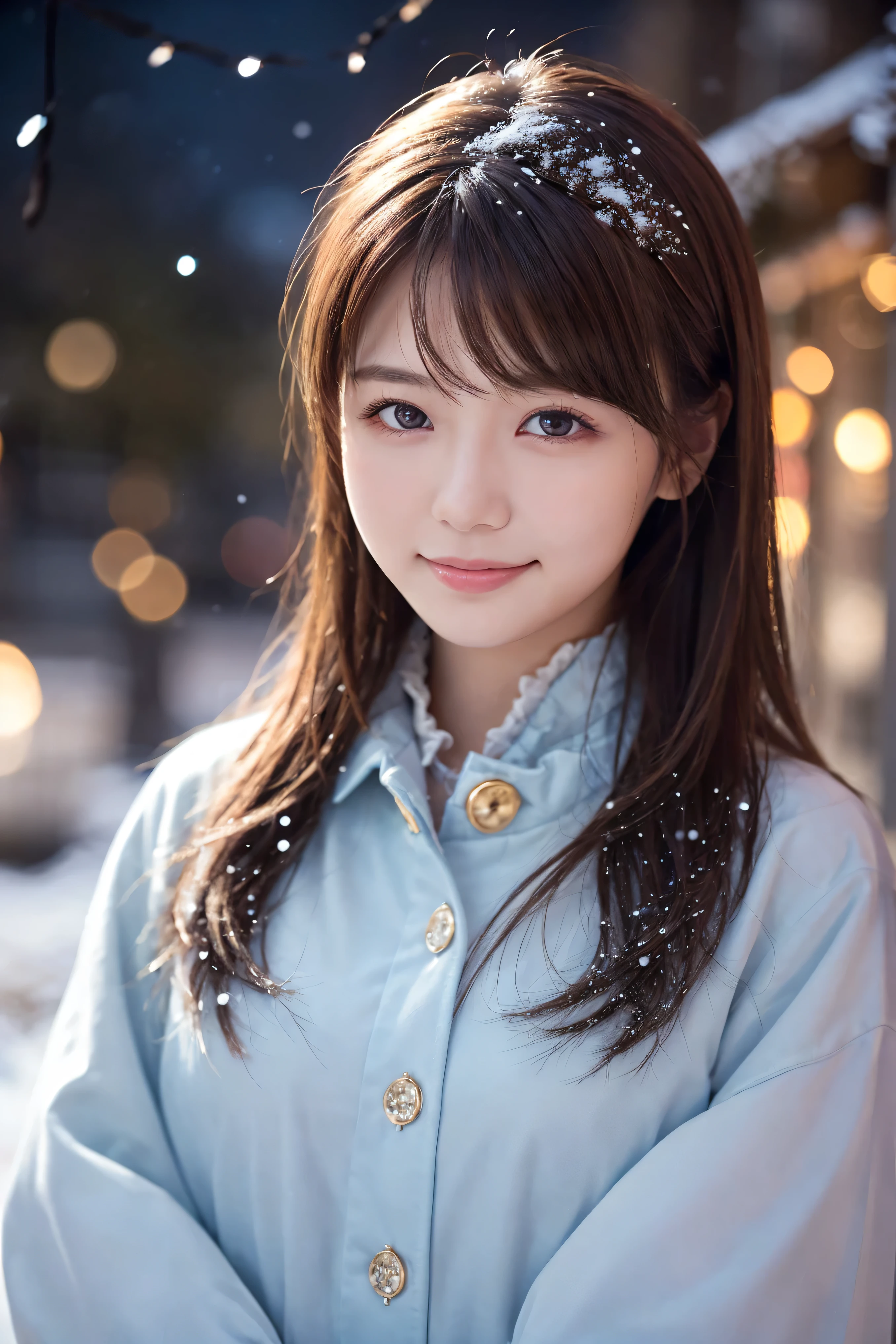 1 girl, A young lady using blue color contact lenses、Born a young lady(Wear a luxurious platinum coat:1.2), (RAW Photos, highest qualthaty), (Realistic, Realistic:1.4), Tabletop, Very delicate and beautiful, Very detailed, 2k wallpaper, wonderful, finely, Very detailed CG Unthaty 8K wallpaper, Very detailed, High resolution, Soft Light, Beautiful detailed girl, Very detailed目と顔, Beautiful and sophisticated nose, Finely beautiful eyes, Cinema Lighting, Illuminations that light up the cthaty on a snowy night, Snow Scene, that&#39;that&#39;it&#39;s snowing, Snow fell in my hair, Perfect Anatomy, Slender body, Was nervous, 
Straight semi-long hair, bangs, Looking at the audience, smile