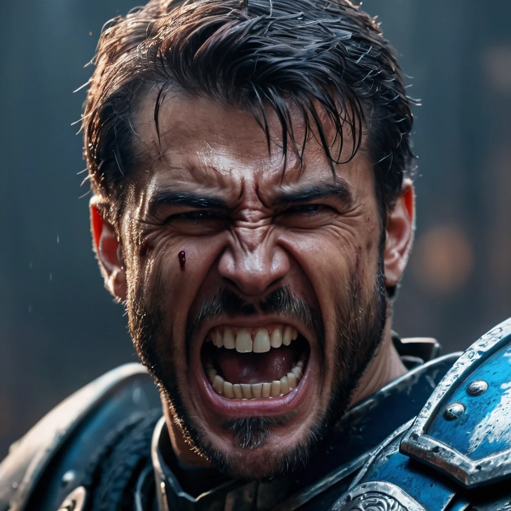 (best quality, 4k, high-res, masterpiece:1.2), ultra-detailed, realistic:1.37, HDR, studio lighting, ultra-fine painting, sharp focus, physically-based rendering, extreme detail description, professional, vivid colors, bokeh, portraits, horror, chaos scenario, athletic man, warrior, shouting, showing teeth, sweat dripping, short hair, strong arms, muscular body, armored, blue and silver armor with battle-worn appearance, anvil, dark and menacing atmosphere.