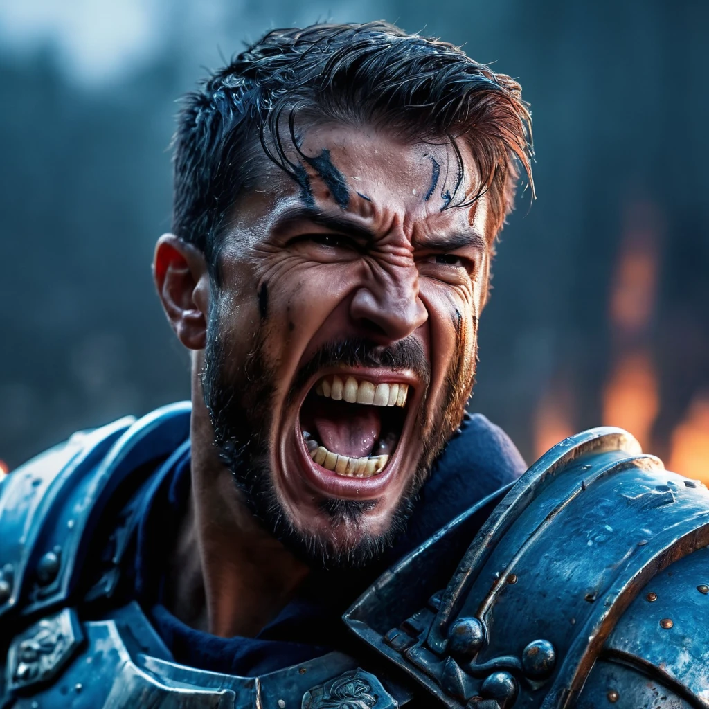 (best quality, 4k, high-res, masterpiece:1.2), ultra-detailed, realistic:1.37, HDR, studio lighting, ultra-fine painting, sharp focus, physically-based rendering, extreme detail description, professional, vivid colors, bokeh, portraits, horror, chaos scenario, athletic man, warrior, shouting, showing teeth, sweat dripping, short hair, strong arms, muscular body, armored, blue and silver armor with battle-worn appearance, anvil, dark and menacing atmosphere.