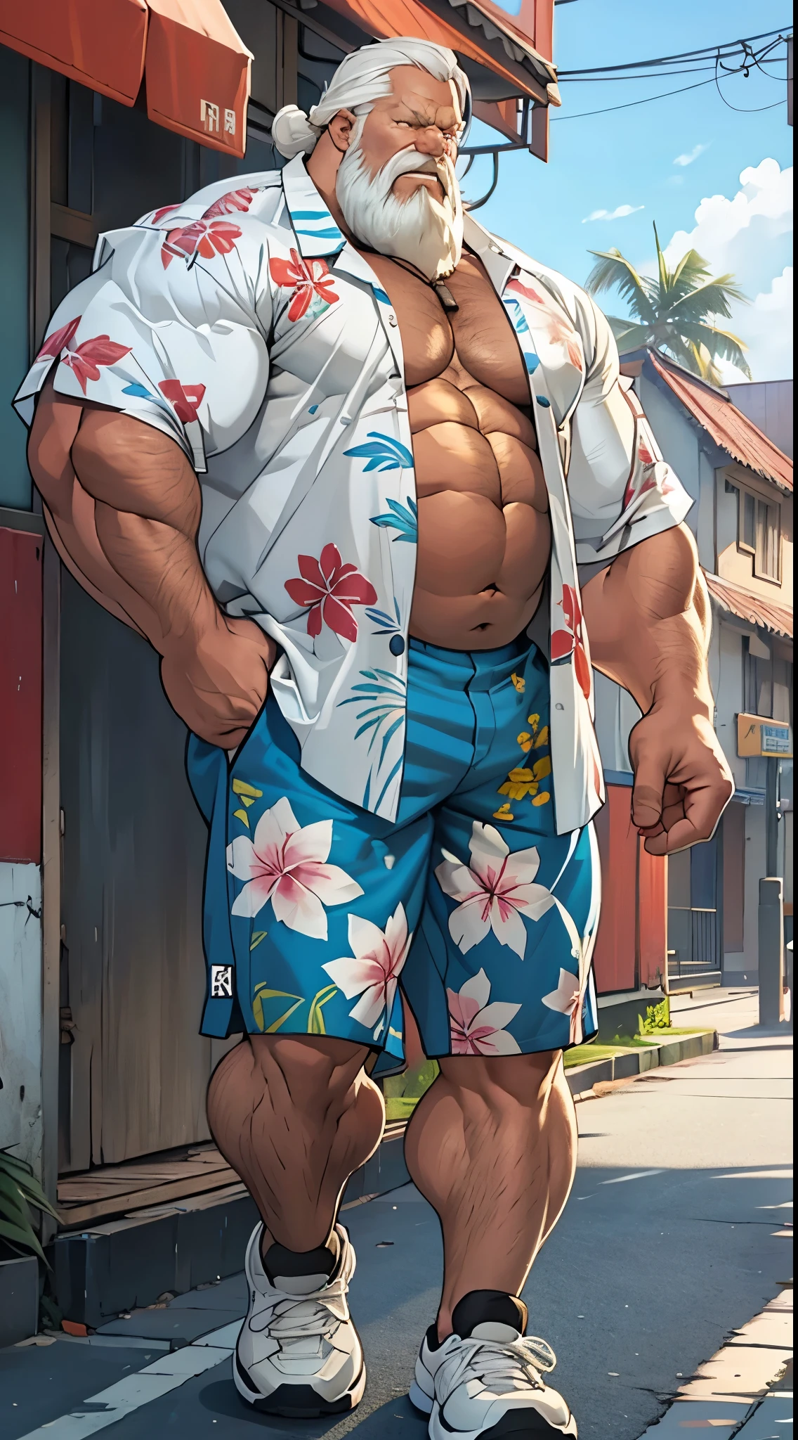 chubby old man in street city, old man, thick arm, huge arm, bearded. white hair and beard, bearded, muscular, pectoral, wide pectoral, beach, palm, realistic, 8k, masterpiece, (wearing shorts and white Hawaiian shirt, shoes)