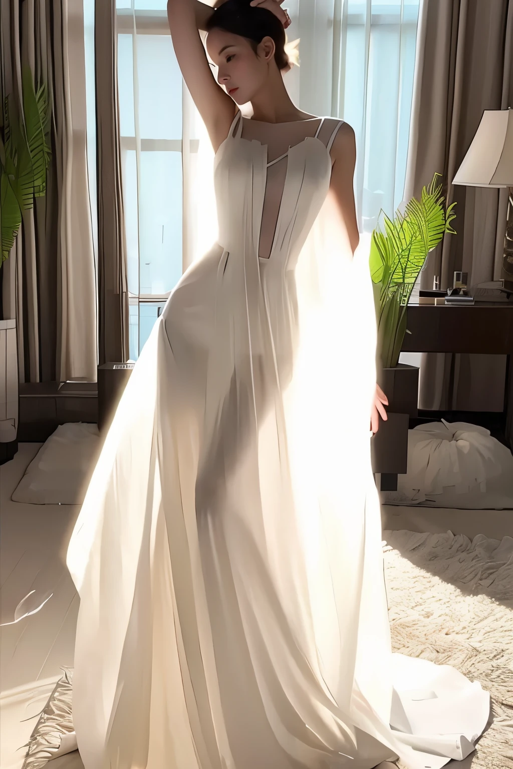 (masterpiece, best quality:1.2), 1girl, solo, delicate face, white-skinned female, see-through silhouette, white dress, full body, indoor