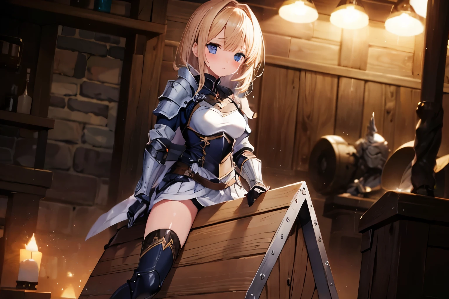 masterpiece, best quality, extremely detailed, anime, girl, knight,armor, ((wooden horse)), a pleasant face, a blush
