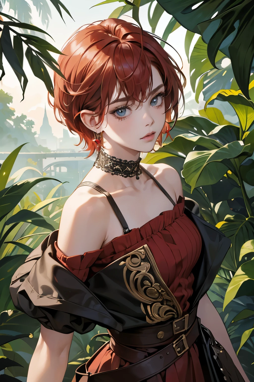 (absurdres, highres, ultra detailed),Masterpiece,intricate details,Best quality,8k,Realistic face,anime girl,Realistic skin texture,magnified textures, stunning clarity, ultra detailed eyes and faces,rock star girl,strong,Winning spirit,gape,punk fashion,(Shoulder Bare),very short hair,red hair,too many earrings,tsurime,(jungle),cowboy shot,look at viewer