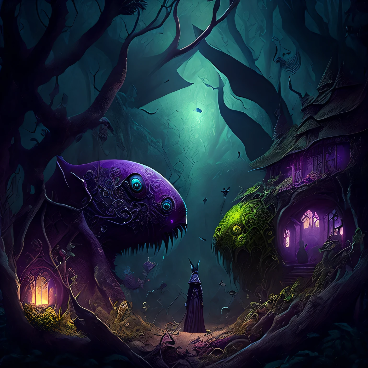horror art illustration, countless creatures, chaotic jungle, whymsical mystical landscape, creatures everywhere, unindentified creatures, hieronymus bosch, astonishing, focused, professional, masterpiece, high quality, buildings, dark atmosphere, purple dominant, insane details, dead forest