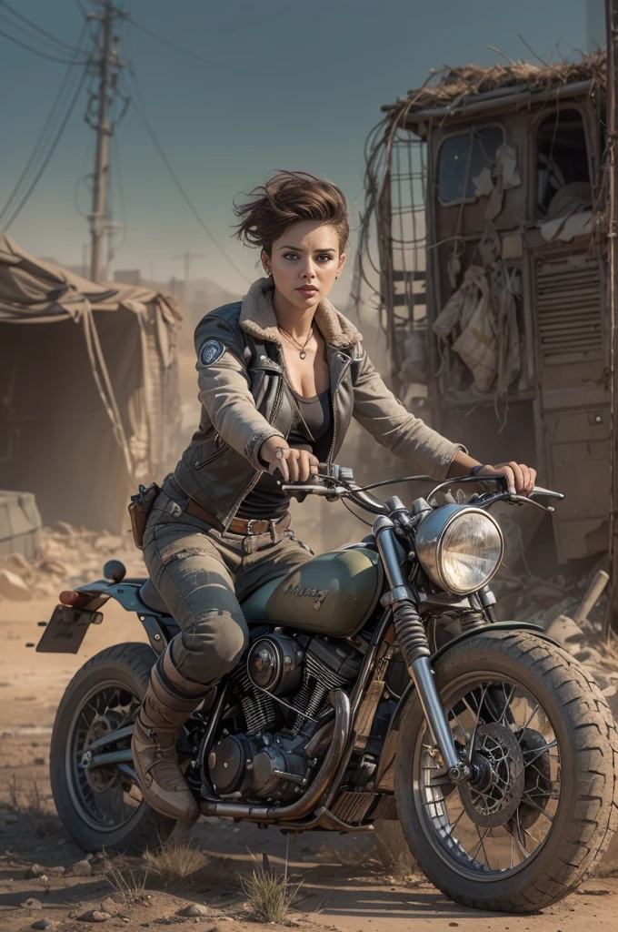 An androgynous female survivor in the wasteland riding a mad max type motorbike. Apocalyptic setting. Very short hair, freckles, Short manly haircut. brown hair with an undercut, very pale skin with freckles, Round soft face. Round soft chin. Round soft cheeks. Curved lips. Long wide nose. blue-grey eyes. ultra detailed eyes. Very thin, barely visible eyebrows. Slim, Long athletic legs. Friendly. Kind. Androgynous. Tomboyish. Wearing the used clothes of a wastelander, Background: An apocalyptic wasteland. Dusty and depressing, (nsfw:1.1)