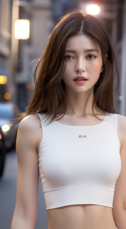 ((Realistic lighting, Best quality, 8K, Masterpiece: 1.3)), Clear focus: 1.2, 1girl, Perfect Figure: 1.4, Slim Abs: 1.1, ((Dark brown hair)), (White crop top: 1.4), (Outdoor, Night: 1.1), City streets, Super fine face, Fine eyes, Double eyelids,