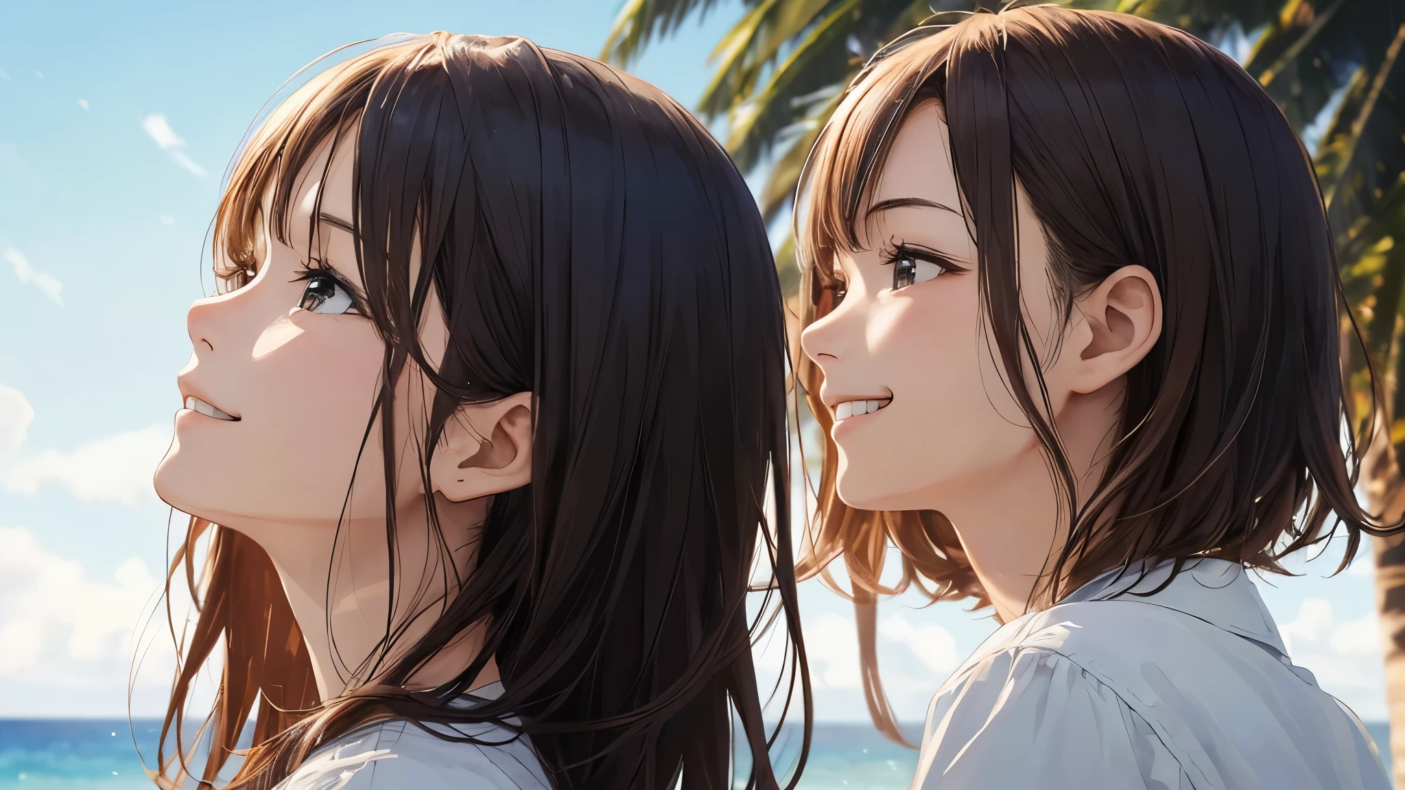 Shiraishi Mai, Looks exactly like Shiraishi Mai, smile ,bob hair, Dark brown hair, (2 girls), 18-year-old, photograph, Realistic, highest quality, Beautiful eyes、Detailed face, Strong sunlight, Ocean, Fantastic blue sky、Detailed Background, Diffused sunlight, Depth of written boundary, Bokeh (highest quality: 1.2), (masterpiece: 1.2), Watch Viewer, one piece, White Theme, Thin Blue Stripes,cowboy shot,((Profile looking up at the sky:1.2)),profile