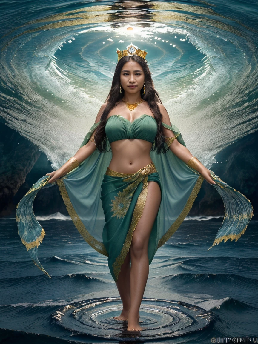 the best work of art, Kanjeng Ratu Kidul, Queen of the South Coast, beautiful woman, long hair blowing in the wind, smiling and somewhat serious face, wearing a small gold crown with a crystal arrangement in the middle, dark green kemben (camisole) luxurious jewelry, dark green shawl and cloth skirt batik sarong, smooth green and white, standing on blue water with waves and with a dramatic effect, surrounded by whirlpools, creating a mystical atmosphere, fractal art, bright and shining in the center with a dark background, water manipulation, intricate details, hyperrealistic, throughout body.UHD,HD,hyperdetail