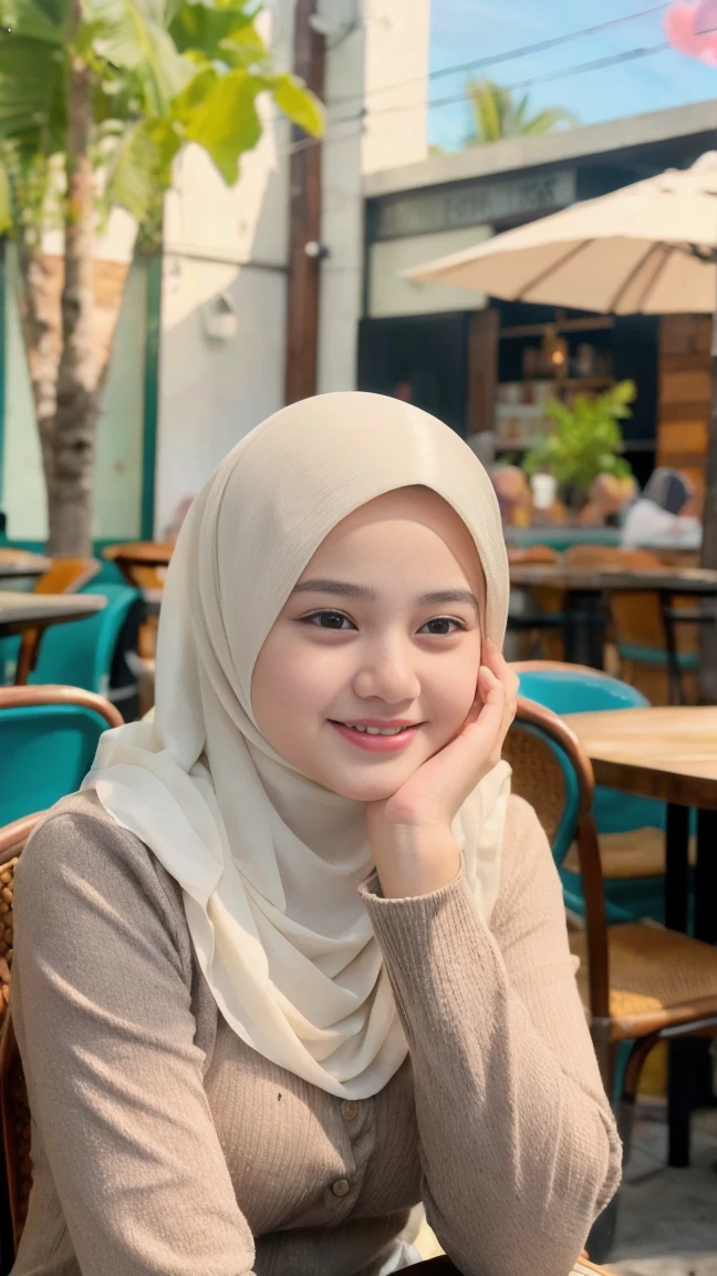 Selfie taken, See full body, luxury details, 8k, natural, realistic, amazing shots, ULTRA HD,
1 girl, 18 years old, smooth white face, white skin, smailing, neat white teeth, big breasts, wearing a long white hijab covering the body, with decorations on the hijab, Muslim clothes for worship, beautiful face, beautiful black face, cute, curly eyelashes, beautiful eyes , sweet smile, sitting on the cafe chairs, Indonesian Muslim, realistic, atmosphere in the out door, in the cafe,