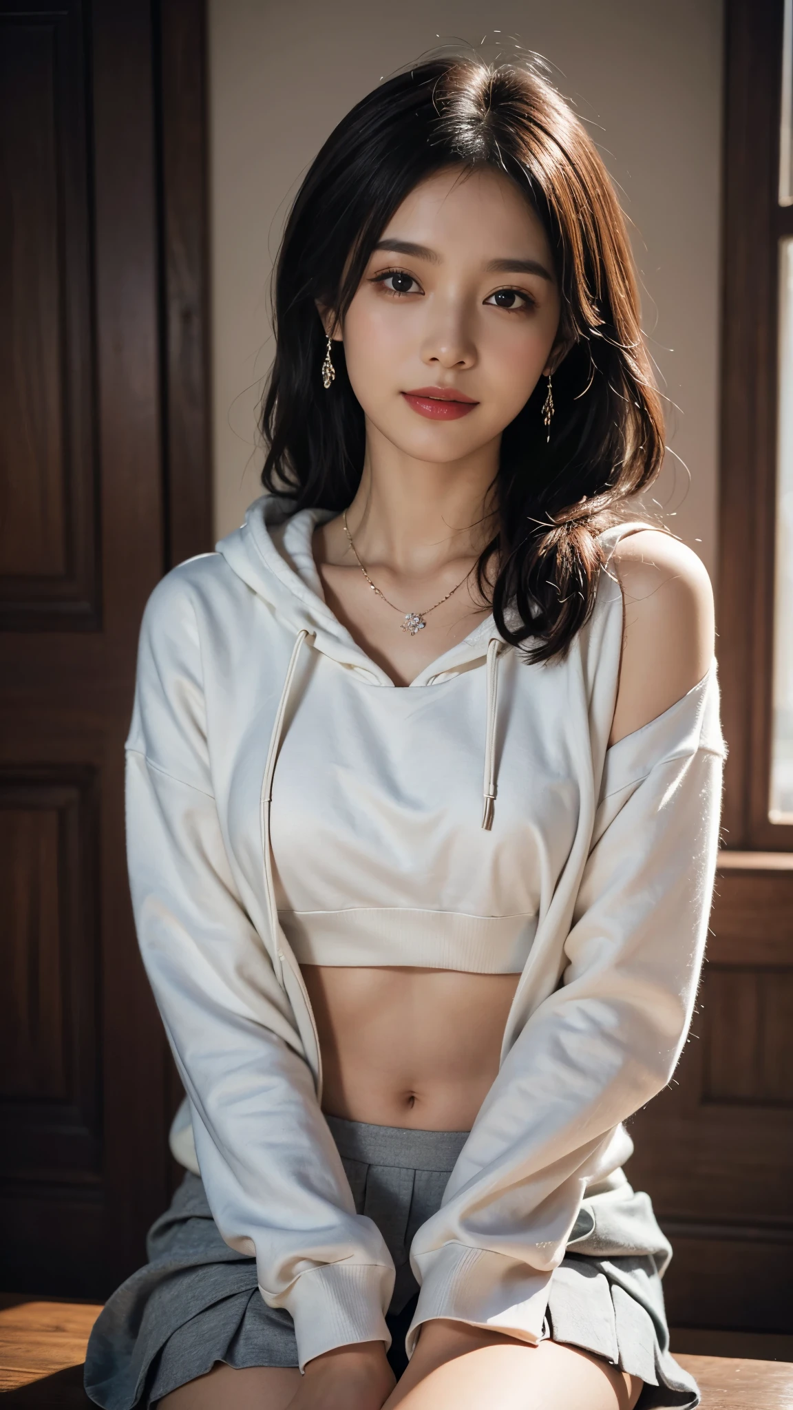 ((8k))，Film Photography, 1 girl, (Hoodies:1.2), (Short skirt), thigh, navel，necklace, earrings, seductive smile, Mid-chest, whole body, Drunk blush:1.5, Black wavy shoulder-length hair, serene, calm, (Realistic and detailed eyes, Natural skin texture, Realistic facial details), Soft dramatic lighting, Depth of Field, Bokeh, Vivid details, Meticulous attention to detail, Surrealism