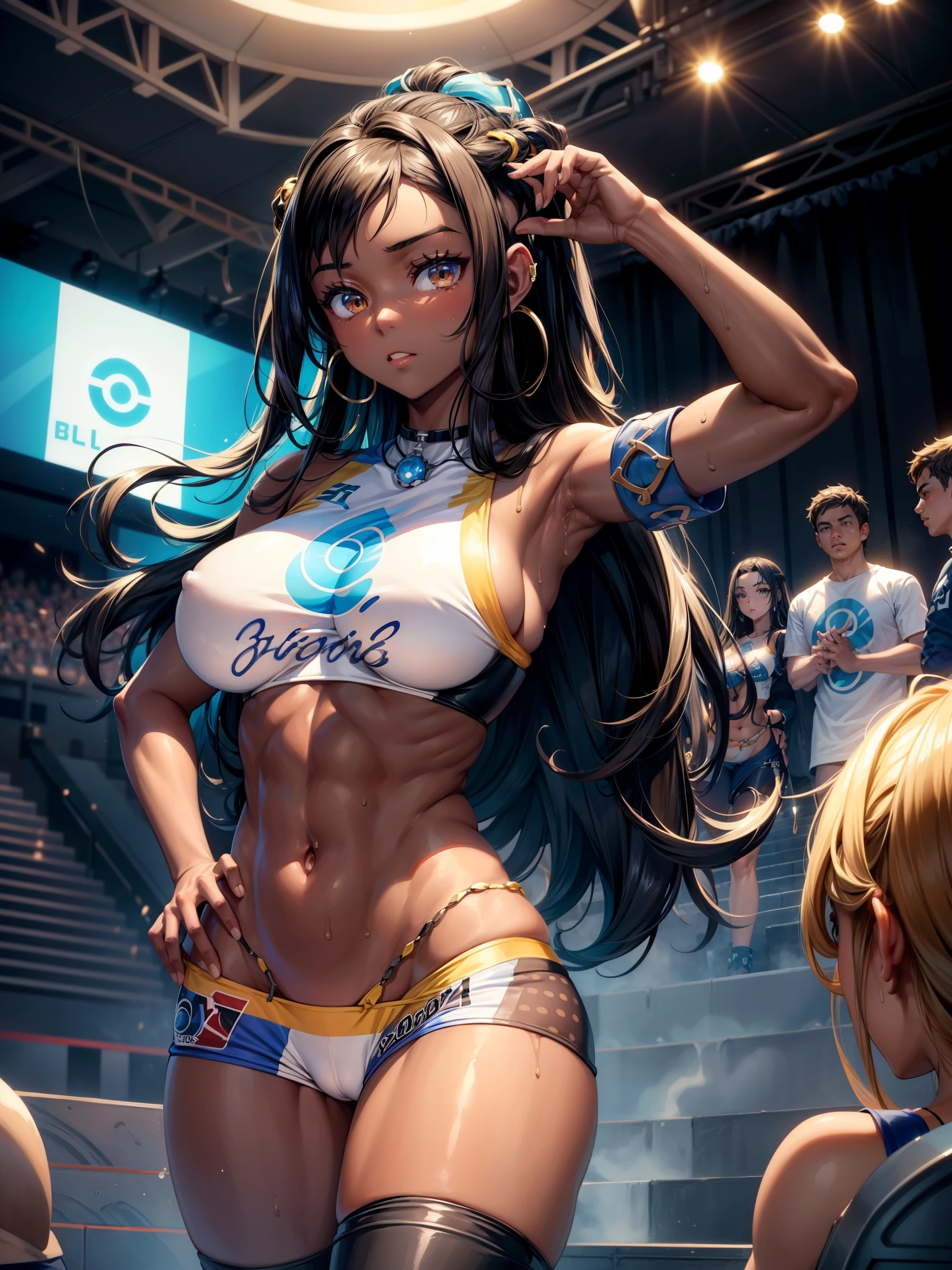 core_9、score_8_up、score_7_up、score_6_up、score_5_up、score_4_up、1 girl、breast、6 or more boys、Adult Toys、Hands on hips、Brown Skin、Long Hair、Several boys、Public indecency、Big Breasts、Sweat、Manicure、Revealing clothing、Solo Focus、belly button、Abdominal muscles、Exhibitionism、cluster、Black Hair、Armlet、vibrator、Brown eyes、Thigh straps、Big Tits、dark-skinned woman、brown hair、Looking at the viewer、Are standing、Pelvic Curtain、服の下にvibrator