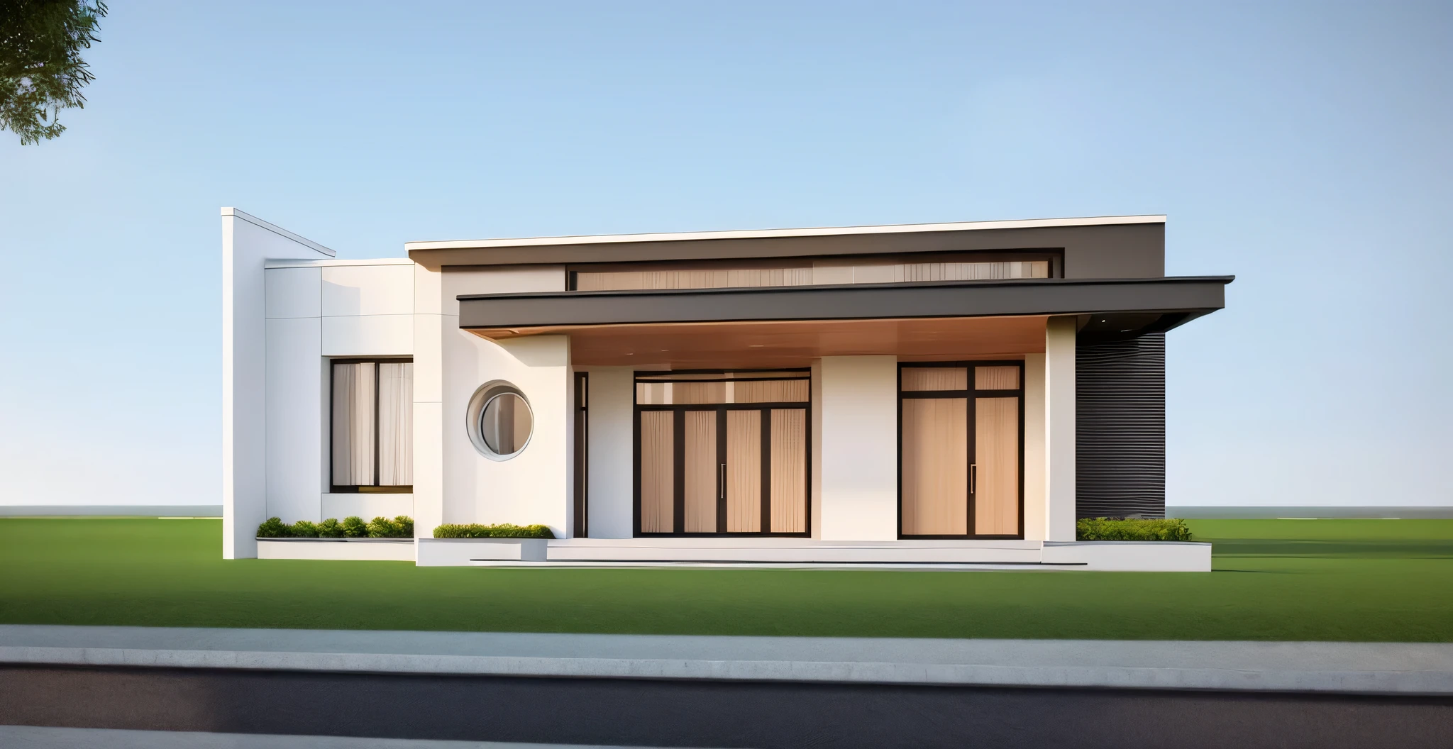 (masterpiece, best quality:1.2), small house, a rendering of a modern house with a lot of windows, a rendering of a small building with a green roof and a white door, frontview, front-view, rendered image, rendered, front facing, artists impression, pre-rendered, digital rendering, a digital rendering, front perspective, d render, rendered illustration, wide establishing shot, building facing, facing front, (a circle on the wall)