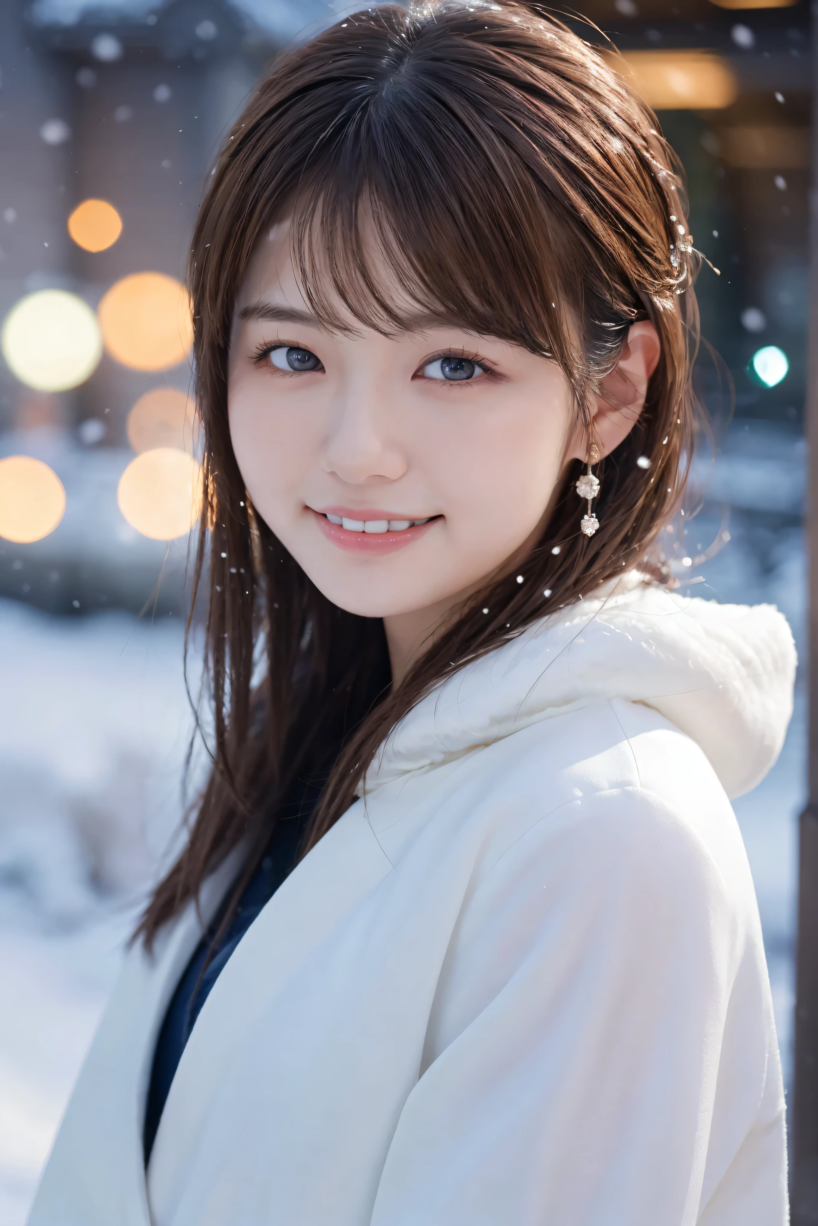 1 girl, Blue Eyed Woman、Born a young lady(Wear a luxurious platinum coat:1.2), (RAW Photos, highest qualthaty), (Realistic, Realistic:1.4), Tabletop, Very delicate and beautiful, Very detailed, 2k wallpaper, wonderful, finely, Very detailed CG Unthaty 8K wallpaper, Very detailed, High resolution, Soft Light, Beautiful detailed girl, Very detailed目と顔, Beautiful and sophisticated nose, Finely beautiful eyes, Cinema Lighting, Illuminations that light up the cthaty on a snowy night, Snow Scene, that'that'it's snowing, Snow fell in my hair, Perfect Anatomy, Slender body, Was nervous,
Straight semi-long hair, bangs, Looking at the audience, smile