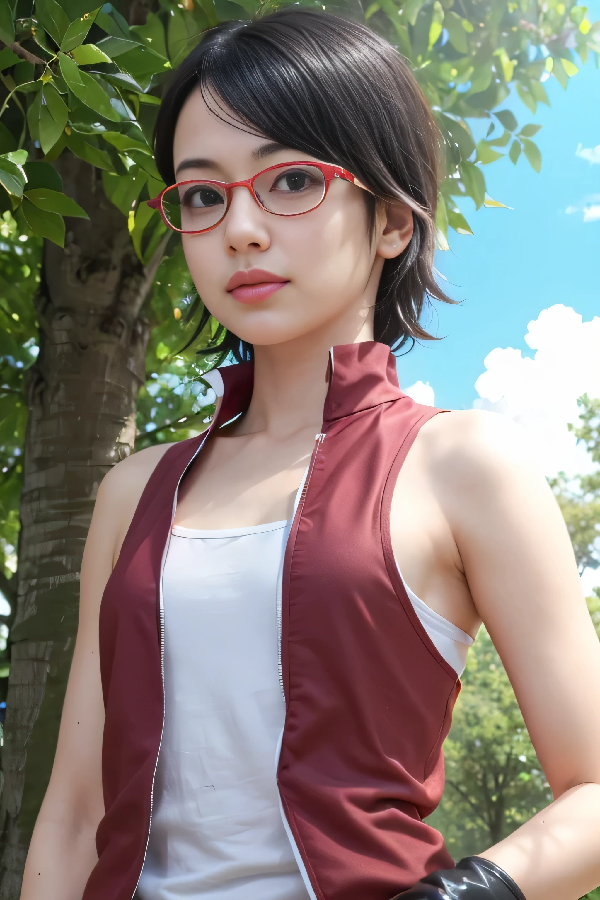 masterpiece, best quality, (realistic,photo-realistic:1.4), (RAW photo:1.2), extremely detailed CG unity 8k wallpaper, delicate and beautiful, amazing,finely detail, official art, absurdres, incredibly absurdres, huge filesize, ultra-detailed,extremely detailed eyes and face,light on face,sarada,(little smile),(black hair:1.4),(messy hair:1.4),(wearing red framed glasses:1.4),(small breast:1.3),(wearing red clothes:1.4),white underwear