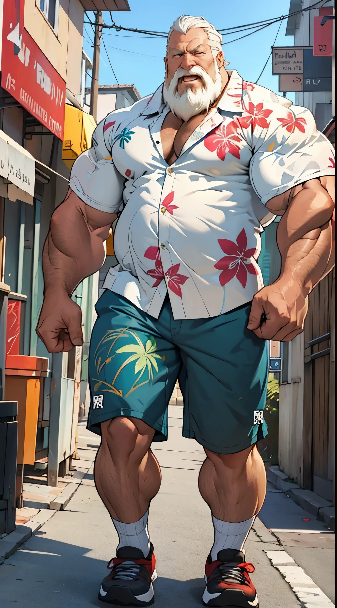 chubby old man in street city, old man, thick arm, huge arm, bearded. white hair and beard, bearded, muscular, pectoral, wide pectoral, beach, palm, realistic, 8k, masterpiece, (wearing shorts and white Hawaiian shirt, shoes)