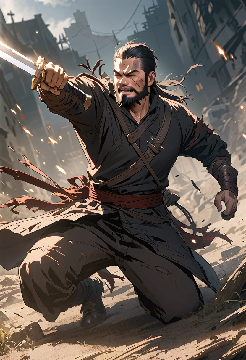 Swordsman、one person、Swordsman、Skilled Swordsman、Beard、Injury、Scars on face、Swordsman、Fantasy、Holding a sword、dynamic、anime、ANIME Illustration、High quality、masterpiece、Super detailed、