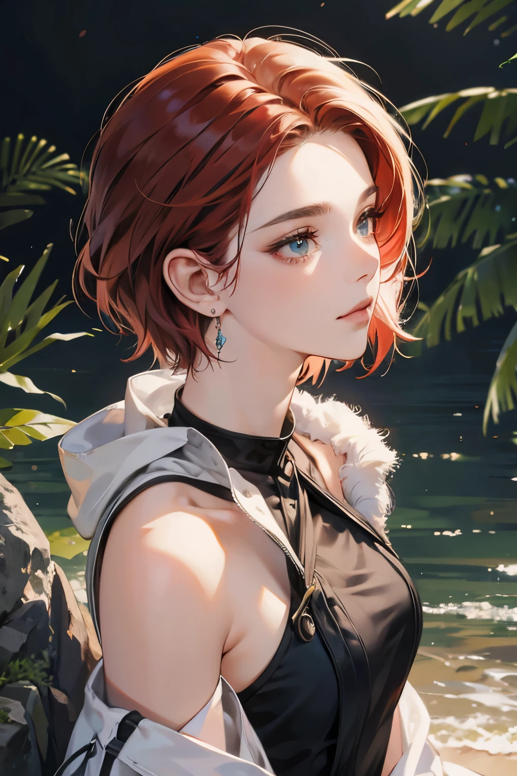 (absurdres, highres, ultra detailed),Masterpiece,intricate details,Best quality,8k,Realistic face,anime girl,Realistic skin texture,magnified textures, stunning clarity, ultra detailed eyes and faces,rock star girl,strong,Winning spirit,confidental,gape,punk fashion,(Shoulder Bare),very short hair,red hair,too many earrings,tsurime,(white colored jungle),cowboy shot,look at viewer