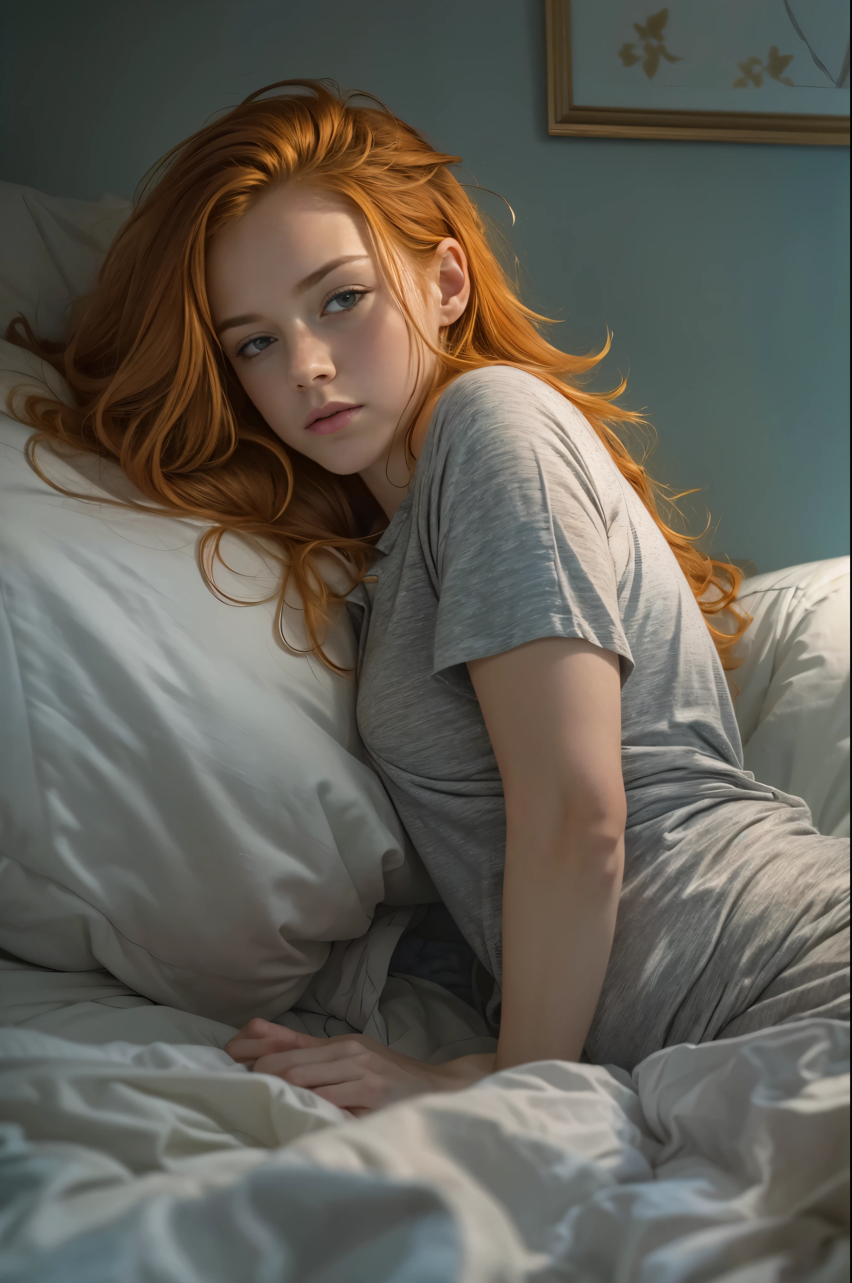 1girl in, age13, Solo, Aesthetic artwork, irish redhead sleeping, wavy ginger hair, shoulder length ginger hair, gray eyes, light grey eyes, some small freckles, pale skin, A-cup, small breasts, runners body, fullbody shot, (textured skin, skin pores:1.1), (moles:0.8), imperfect skin, goosebumps, in a dimly lit bedroom, lying down, lying on bed, (sleeping position: 1.4), (sad:1.3), depressed expression, pouting, (extremely detailed 8k wallpaper), soft lighting, high quality, film grain, Fujifilm XT3 sharp focus, f 5.6, 50mm, High Detail, Sharp focus,(natural light), (seductive), oversized thin blue t-shirt, blue t-shirt, Realistic, ultra realistic, photo realistic, crazy details, complex details, hyper detailed,