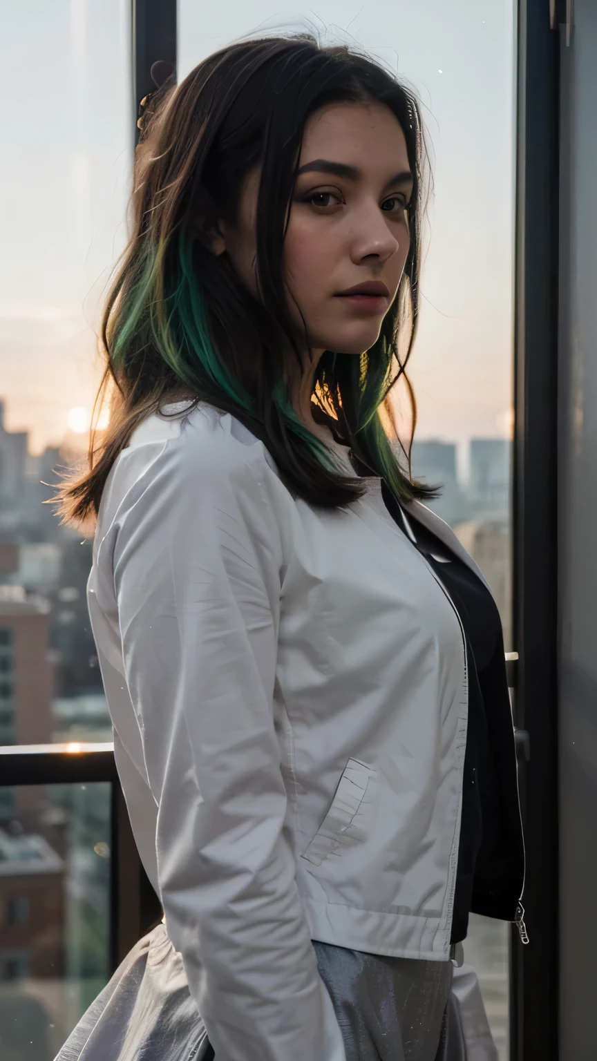 1girls, Nur, green Hair , 24 years old ,  , intricate detail, masterpiece, best quality, highly detailed, cinematic lighting, beautifully detailed glow, finely detailed beautiful face and eyes, 8k, dark dense shadows, hair floating, black jacket, light jacket, white shirt, black skirt, spotlight, sunlight, sunrise, gradient sky, city, lens flare, cowboy shot, [[curvy]], [ profile picture, hair shoulder length, hair slightly above shoulder