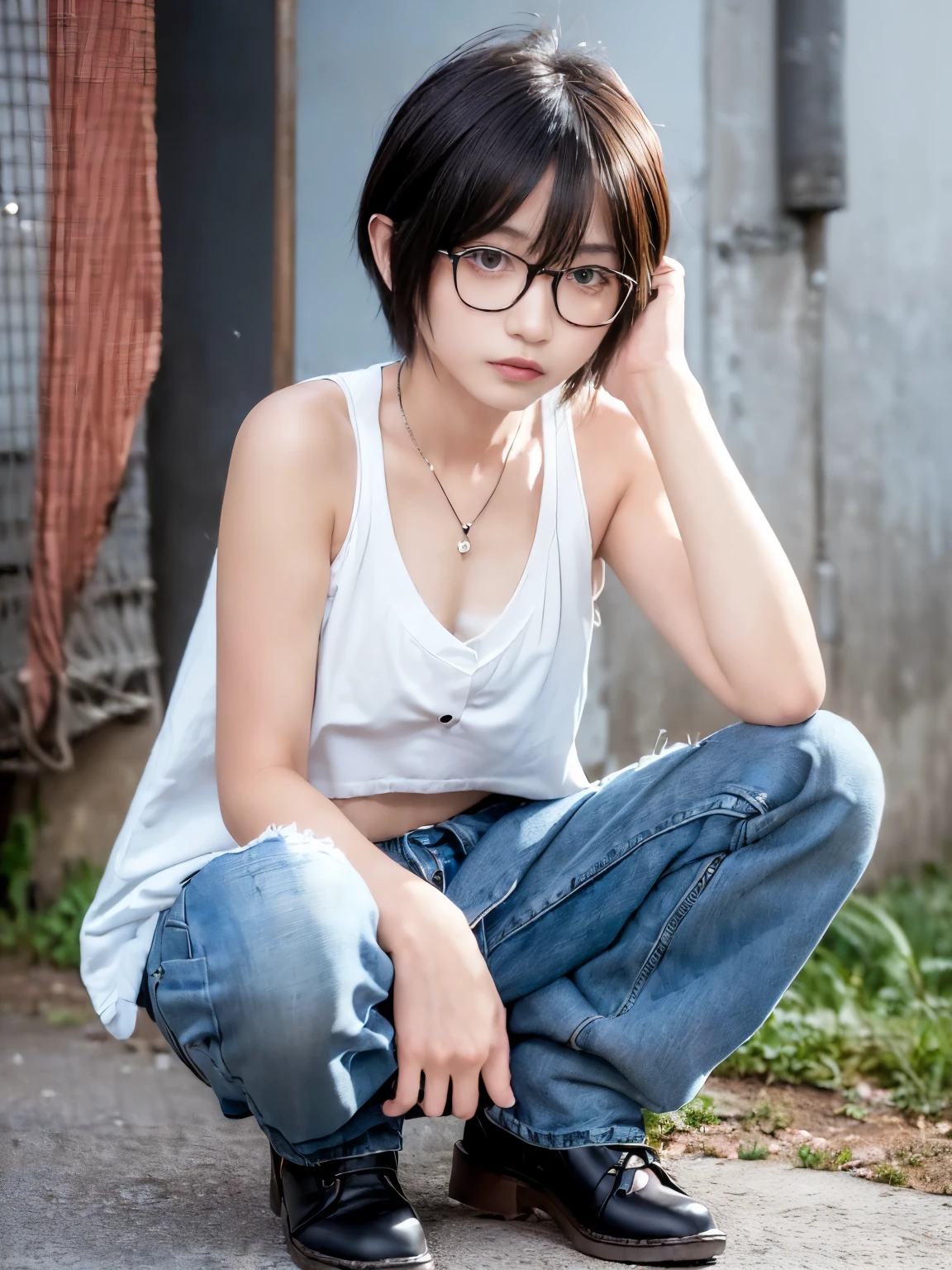 RAW Photos, 8k, (highest quality), Realistic, (live-action, Intricate details), (Natural skin texture, Detailed skin, Hyperrealism, Sharpness), (night、Japanese teen girl squatting in a dirty back alley, graffitied wall:1.3, Put your hands in your pockets), ((Tight white tank top, distressed denim pants, Low-rise buggy pants, Leather Collar)), (((Flat Chest:1.5))), (Pale skin), ((Gray Hair, short hair, Short bangs)), (Glasses, Fascinating face, Lips parted:1.3), graffiti:1.5, trash can, Night, Spot lighting:1.3, full body shot