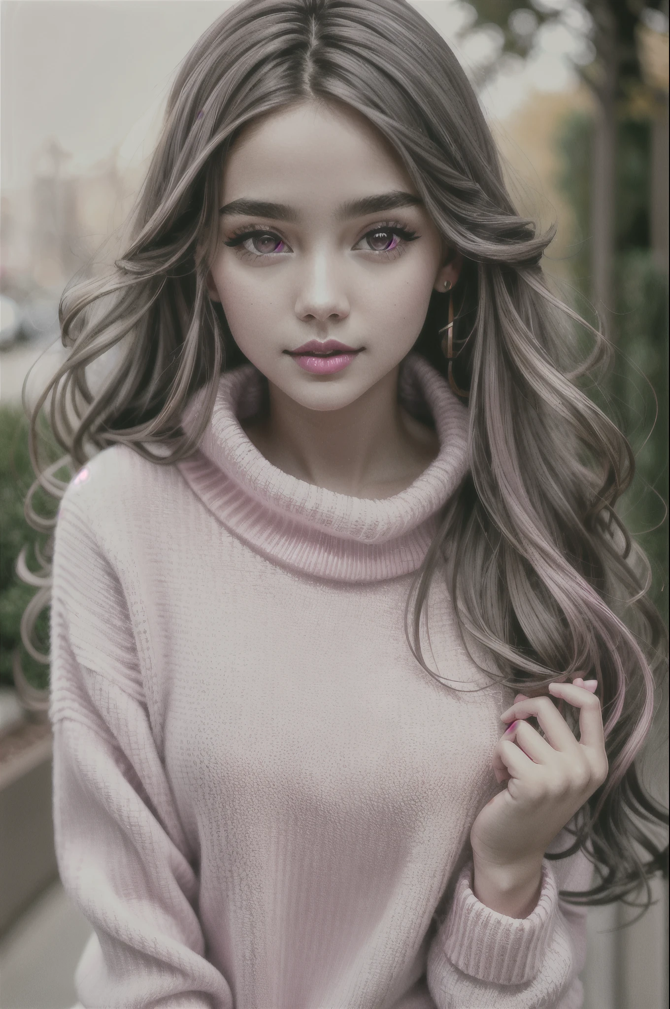 Girl, long brown hair, gray eyes, sharp features, white skin, pink lips, sweater 