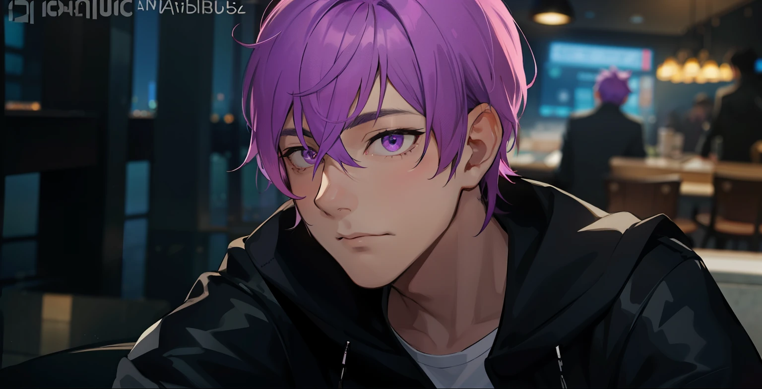 cute 16 year old boy is sad, thoughtful, remembering something bad that happened to him, he has purple eyes, purple hair