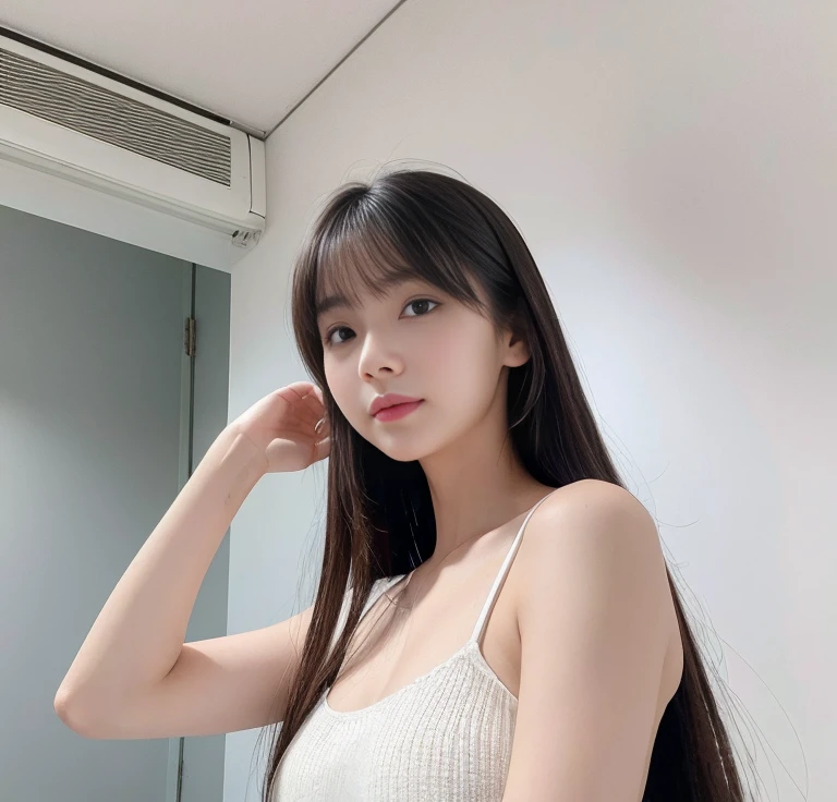 debris flies、highest quality、super fine、Understood、High resolution、8k wallpaper、perfect dynamic composition、(((Full body Esbian)))、((from below))、20 year old cute girl、detailed beautiful face、delicate and cute eyes、fine-textured skin、My cheeks turned red、(straight black hair)、take a selfie with your mobile phone、room、white background、White Room、take a selfie with your mobile phone、small bust、slender、Wearing a camisole