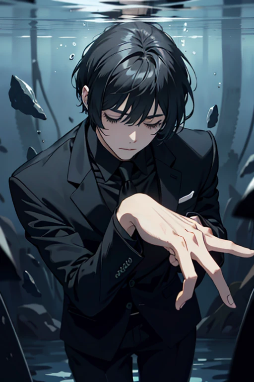 A man in a suit with a bob haircut sinks underwater Black die Eyes closed Leaning forward painful Weakness Negative Hands down Leaning forward Blinking eyes whole body darkness dark