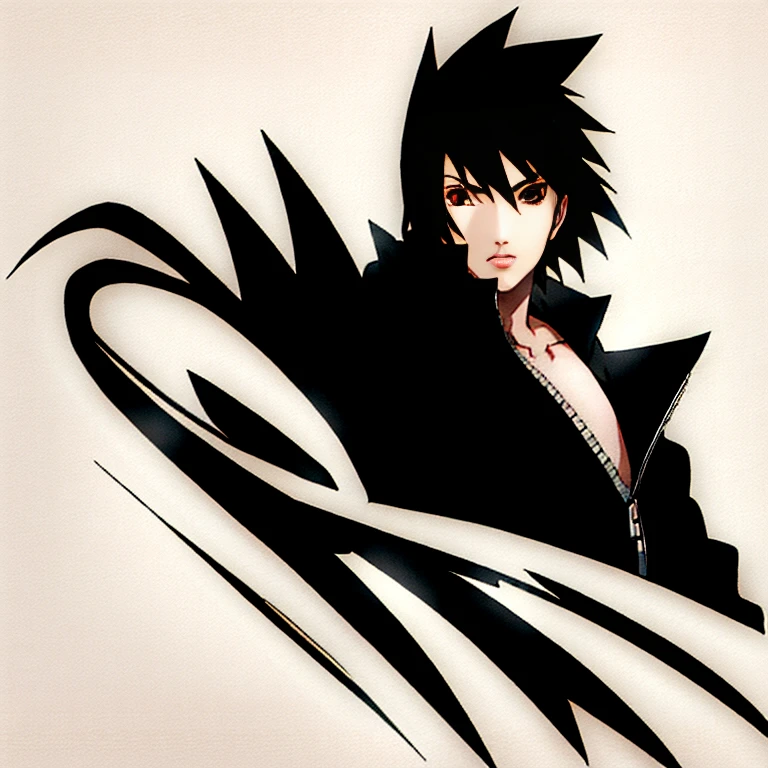 black and white image art, best quality, ultra-detailed, illustration, Sasuke Uchiha A black-haired, black-eyed man looks at the camera with a serious look on his face.