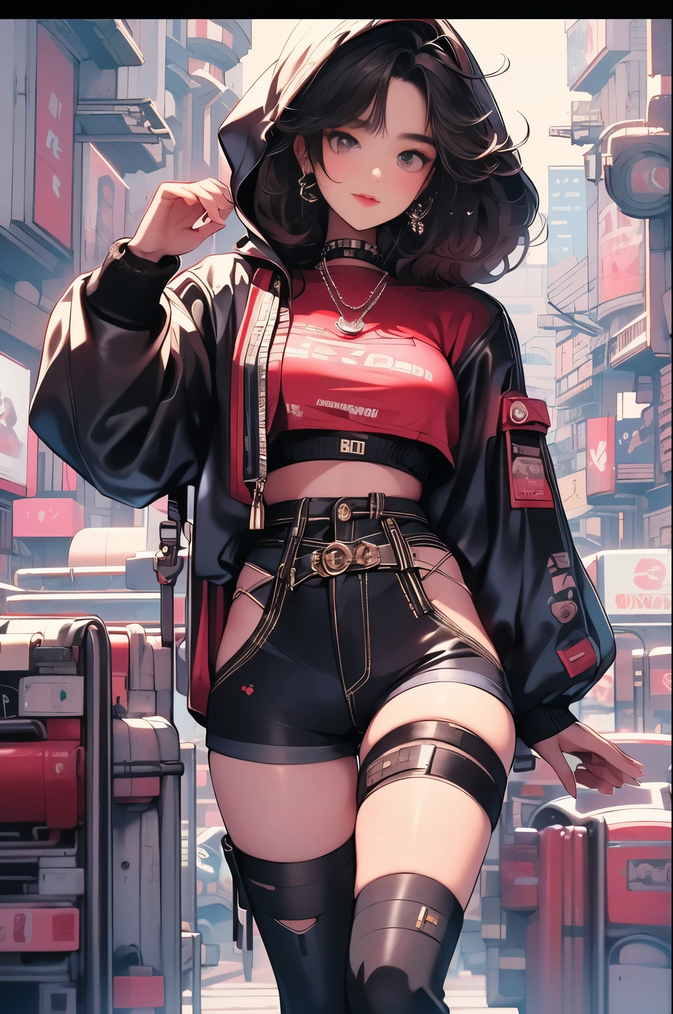 (RAW photos, best quality, masterpiece:1.2), (Practical, photo-Practical:1.4),(masterpiece:1.4),(best quality:1.4), ((Cyberpunk Girl)), ,Short white shirt，Open hooded fur-trimmed down jacket，Red mini skirt，((dynamic poses)), (((Cyberpunk city street background))), Hair intake, ((Long hair invisible)), Looking at the audience, Smile, (((thigh gap))), thigh, Very long hair, Multi-colored hair, Alice \(nod\),(Radiant skin),Practical.