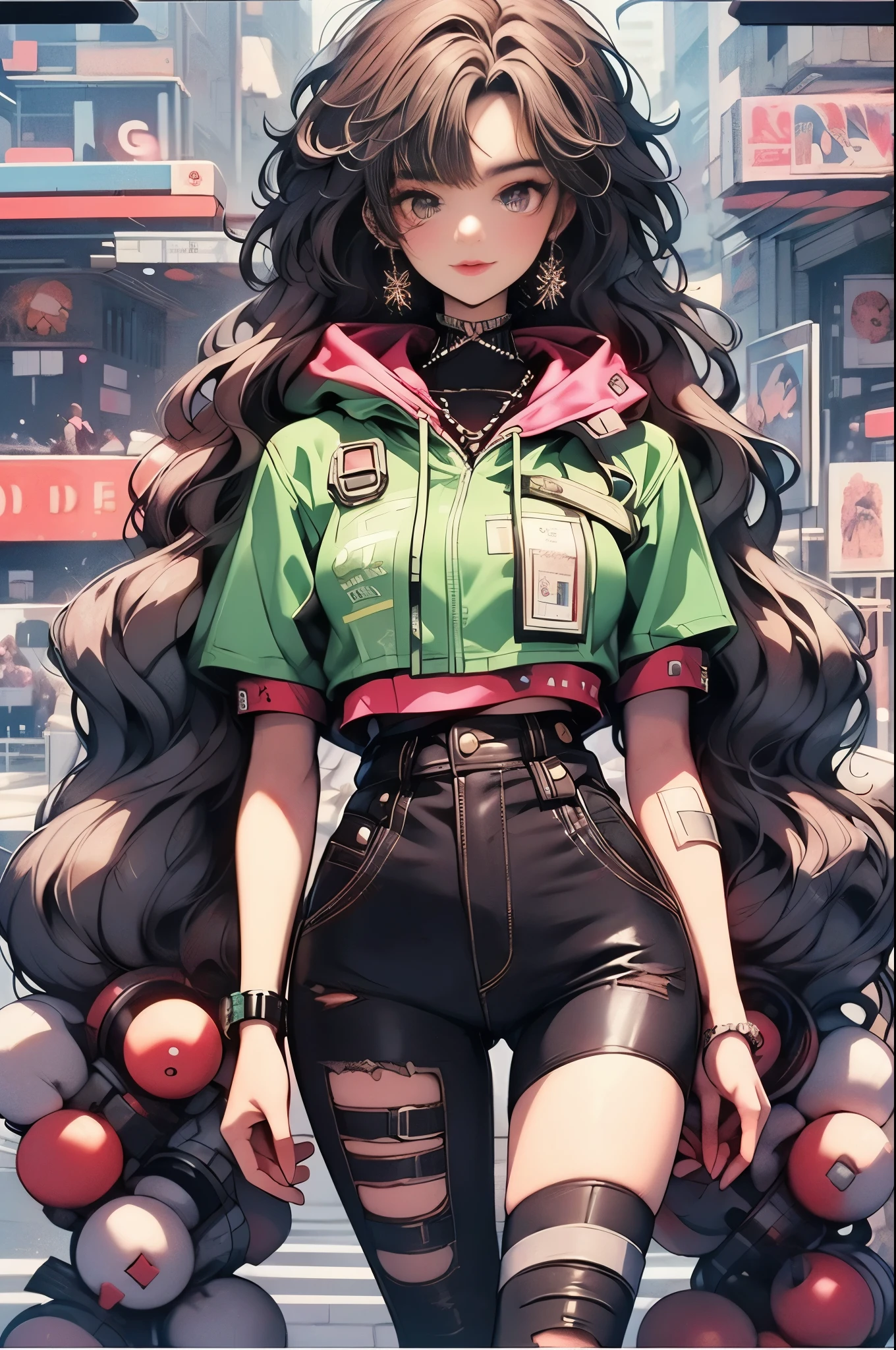 (RAW photos, best quality, masterpiece:1.2), (Practical, photo-Practical:1.4),(masterpiece:1.4),(best quality:1.4), ((Cyberpunk Girl)), ,Short white shirt,Open hooded fur-trimmed down jacket,Red mini skirt,((dynamic poses)), (((Cyberpunk city street background))), Hair intake, ((Long hair invisible)), Looking at the audience, Smile, (((thigh gap))), thigh, Very long hair, Multi-colored hair, Alice \(nod\),(Radiant skin),Practical.